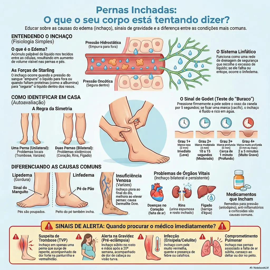 Infográfico sobre edema de membros inferiores: fisiologia, teste de Godet, causas comuns e sinais de alerta