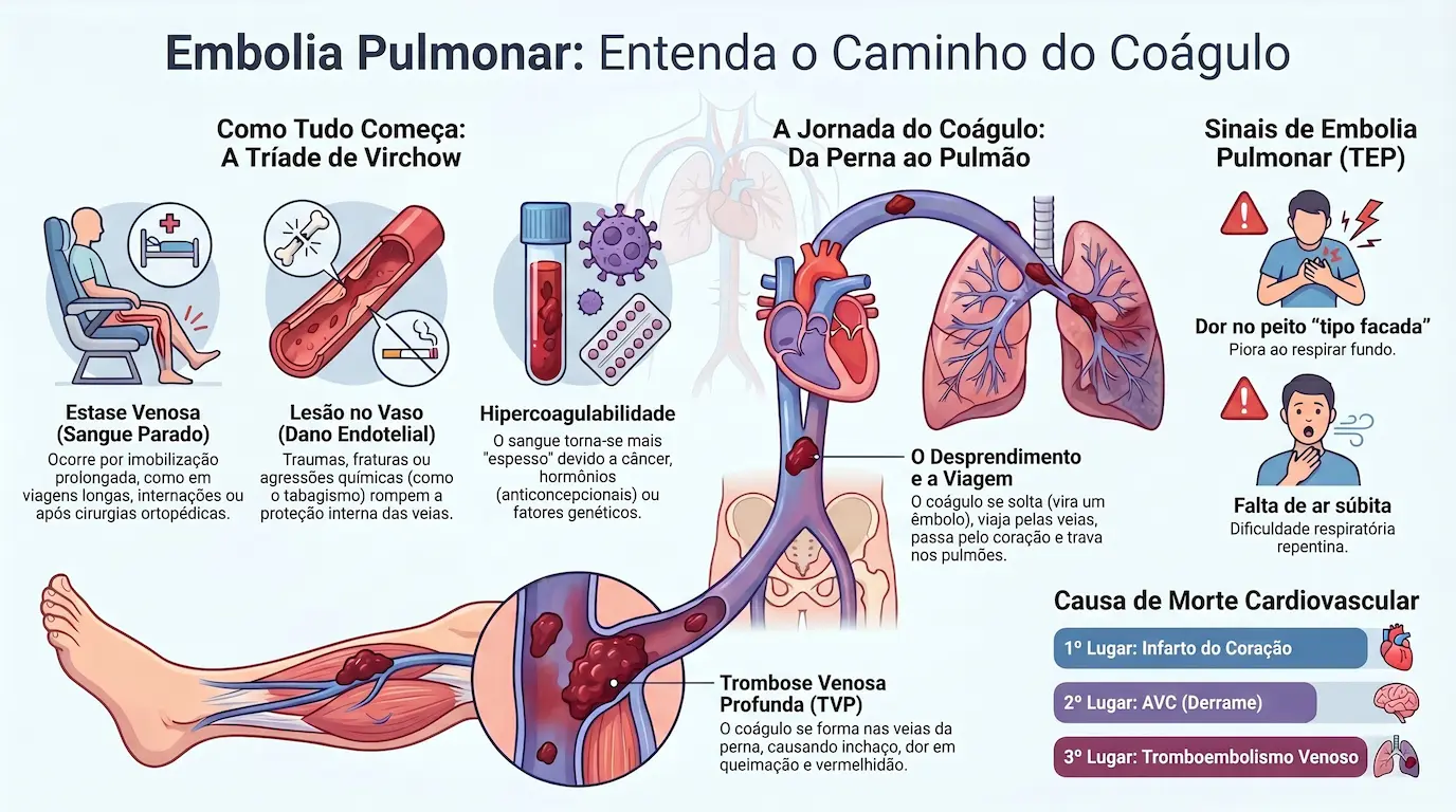 Infográfico: Embolia Pulmonar — caminho do êmbolo das pernas aos pulmões, sintomas, Escore de Wells e tratamento