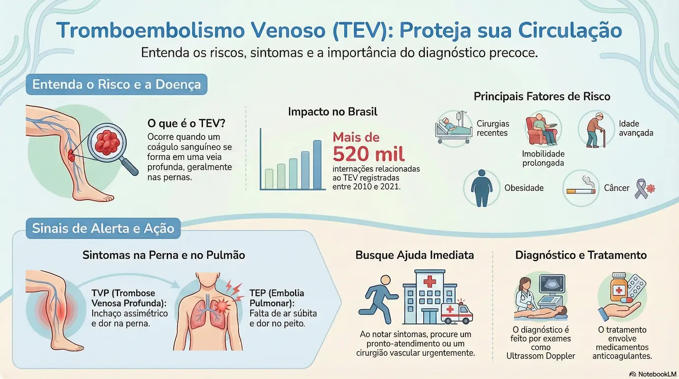 Infográfico sobre Tromboembolismo Venoso: o que é TEV, impacto no Brasil, fatores de risco, sinais de alerta e diagnóstico