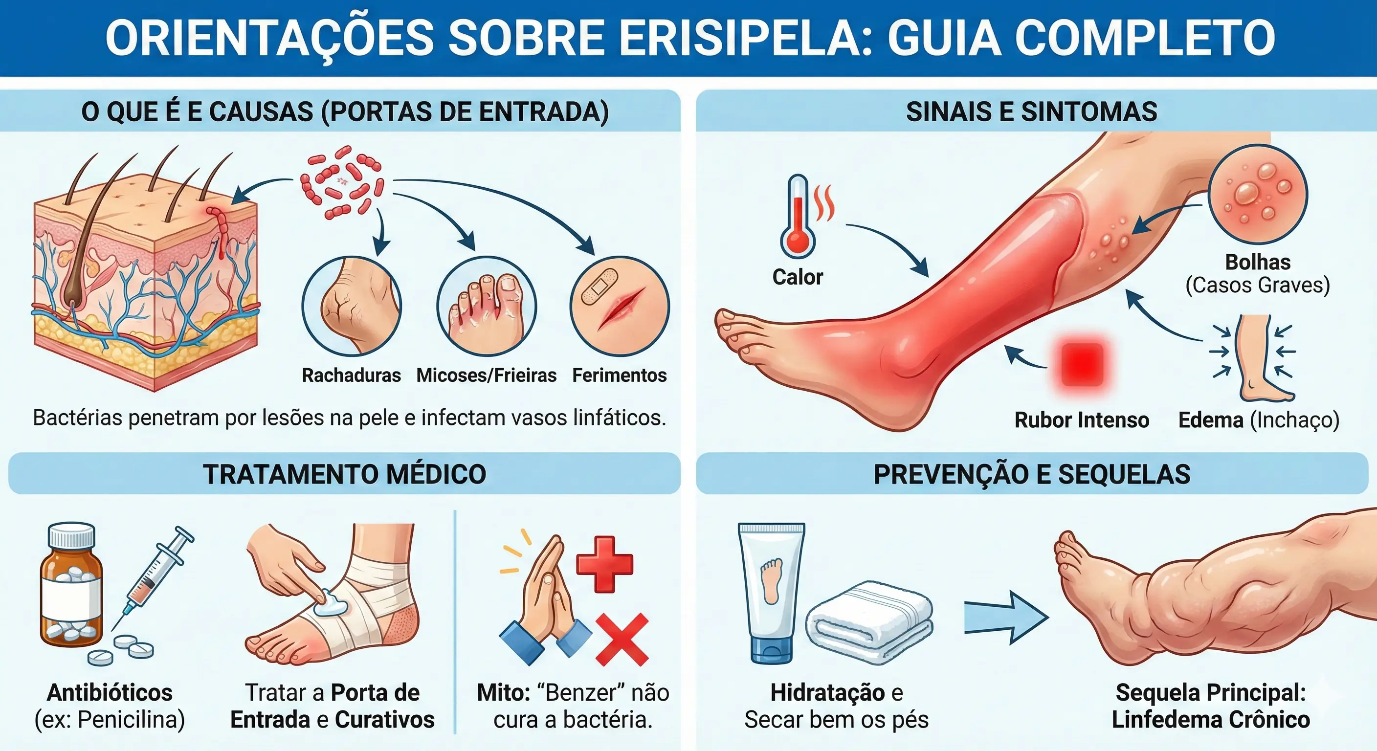 Erisipela na perna: pele vermelha com bordas bem definidas, calor, inchaço e febre — diferença entre erisipela e celulite infecciosa