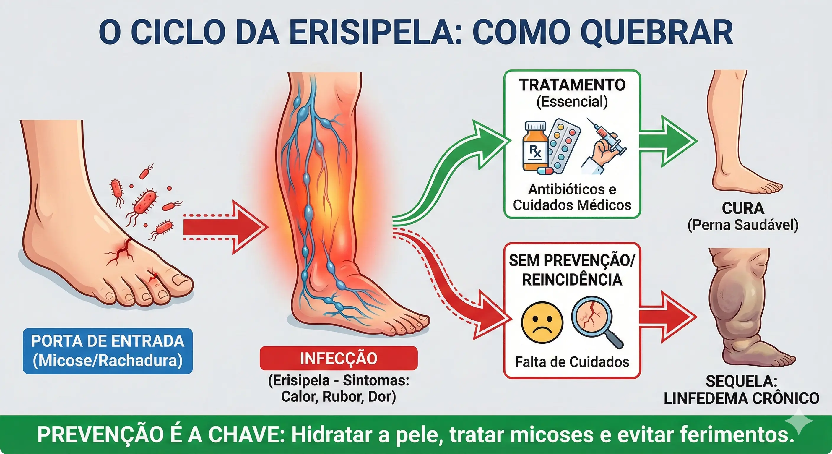 Ciclo vicioso da erisipela: infecção → dano nos vasos linfáticos → novo episódio de erisipela — como prevenir com tratamento da porta de entrada e compressão