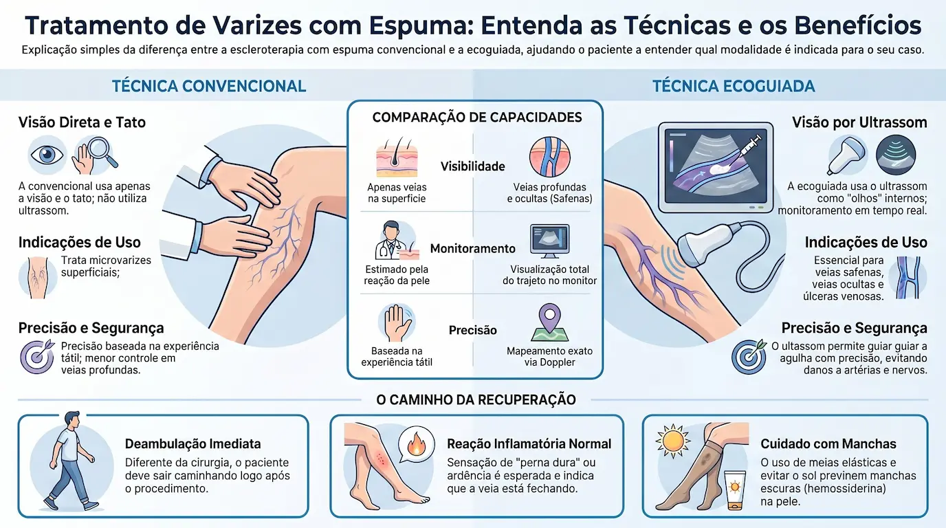 Infográfico: Escleroterapia com Microespuma Ecoguiada — técnica, indicações e segurança