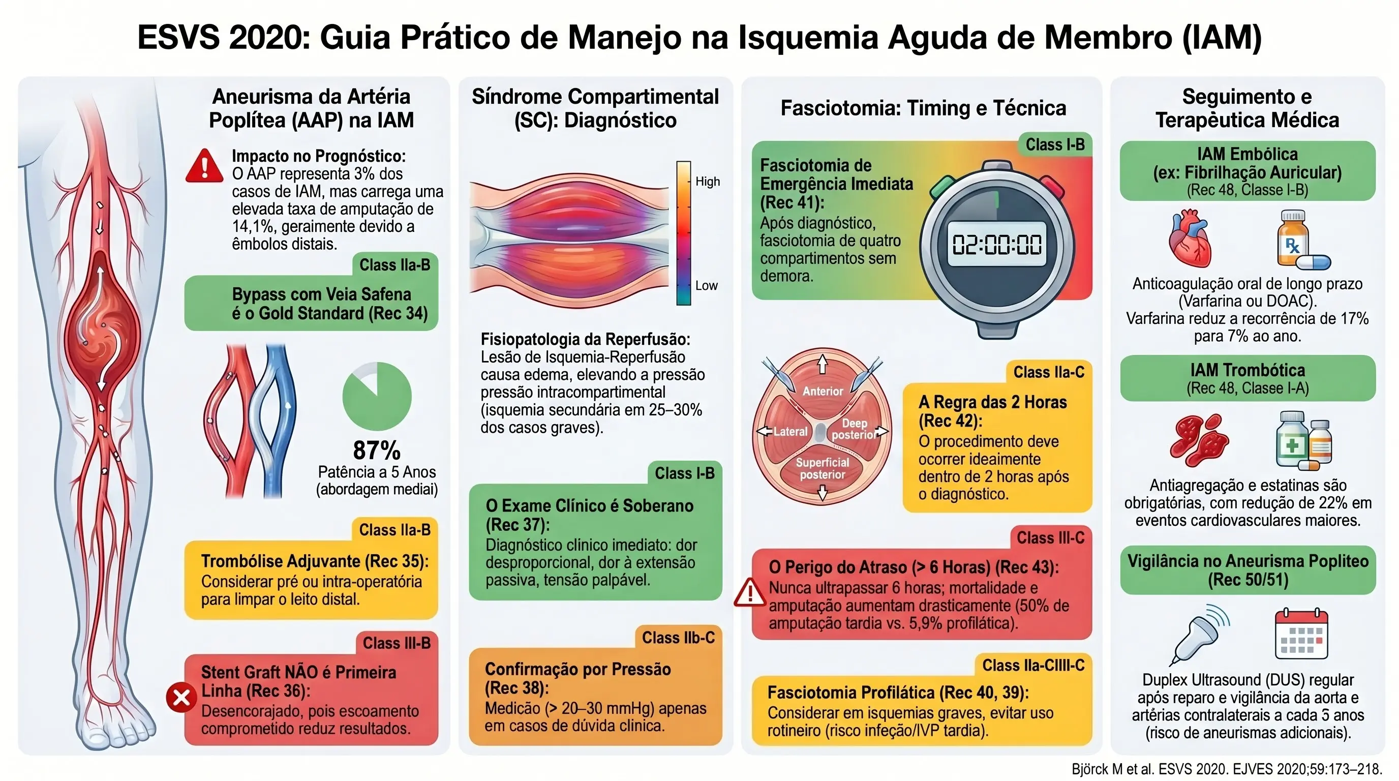 Infográfico: Síndrome Compartimental, Aneurisma Poplíteo e Seguimento na IAM ESVS 2020. Bypass venoso safeno, fasciotomia 2h, AC oral FA, estatinas.