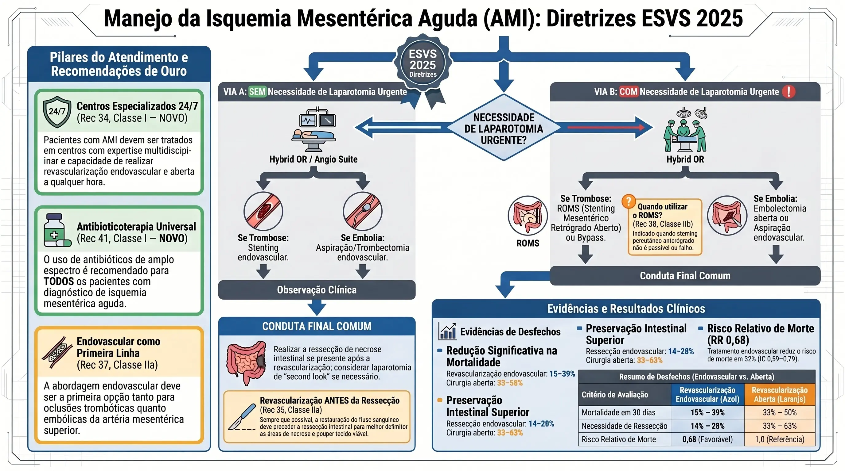 Infográfico: Tratamento da Isquemia Mesentérica Aguda ESVS 2025. Fluxograma endovascular vs cirurgia aberta, ROMS, viabilidade intestinal com ICGFI, antibióticos em todos. Recs 34-41.