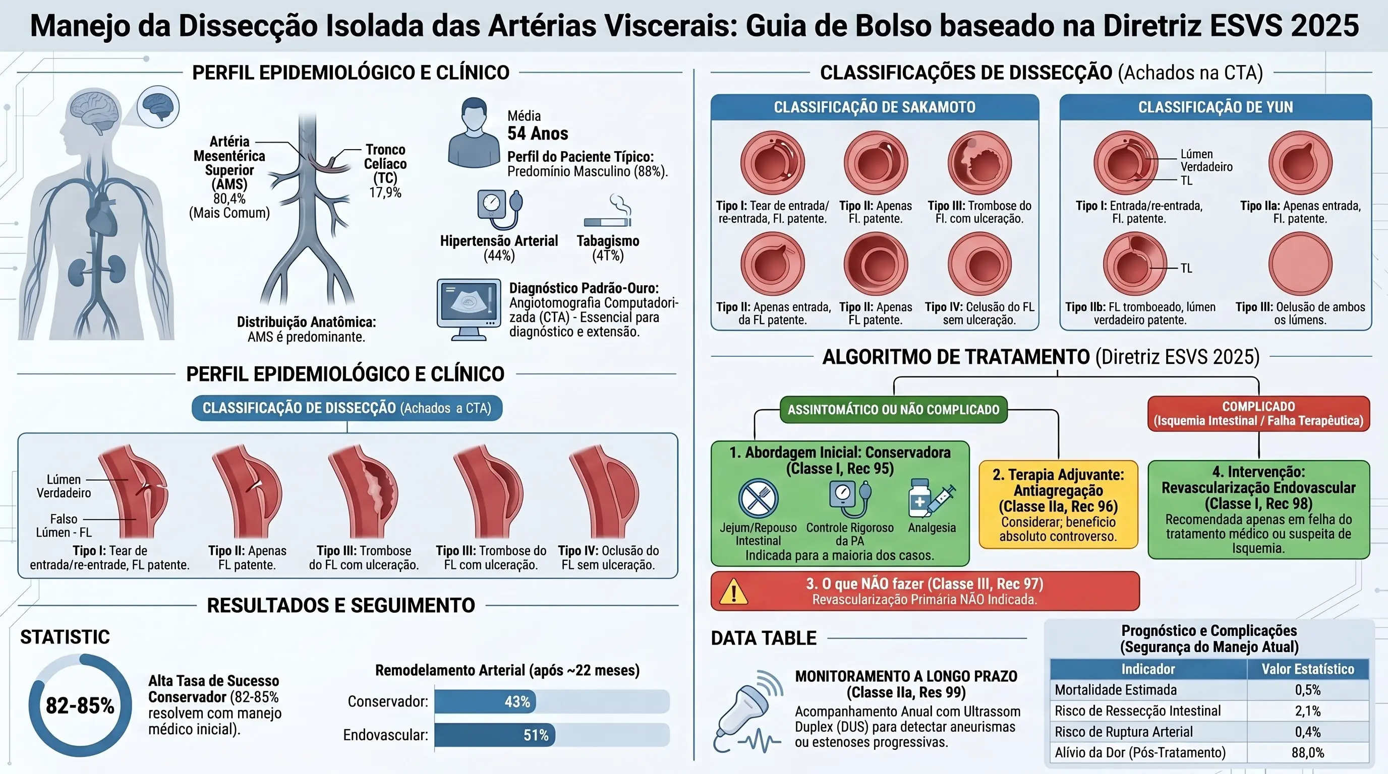 Infográfico: Dissecção das Artérias Viscerais ESVS 2025. Classificações Sakamoto e Yun, algoritmo conservador vs endovascular, remodelamento 82-85%, dissecção renal Recs 100-102.
