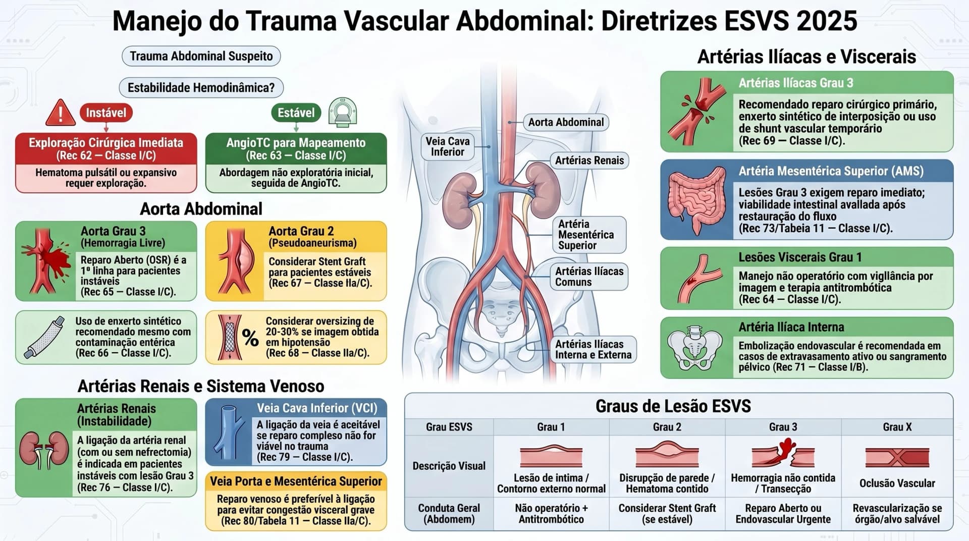 Infográfico ESVS 2025 — Trauma Vascular Abdominal: Aorta e Artérias Ilíacas