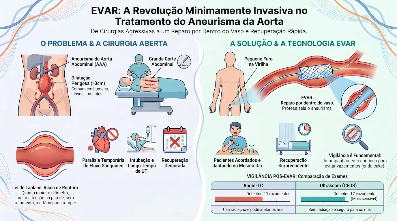 Infográfico: EVAR — comparação entre cirurgia aberta (grande corte abdominal, UTI, recuperação demorada) e EVAR (pequeno furo na virilha, recuperação rápida), Lei de Laplace e comparação entre Angio-TC e Ultrassom com Contraste na vigilância pós-EVAR