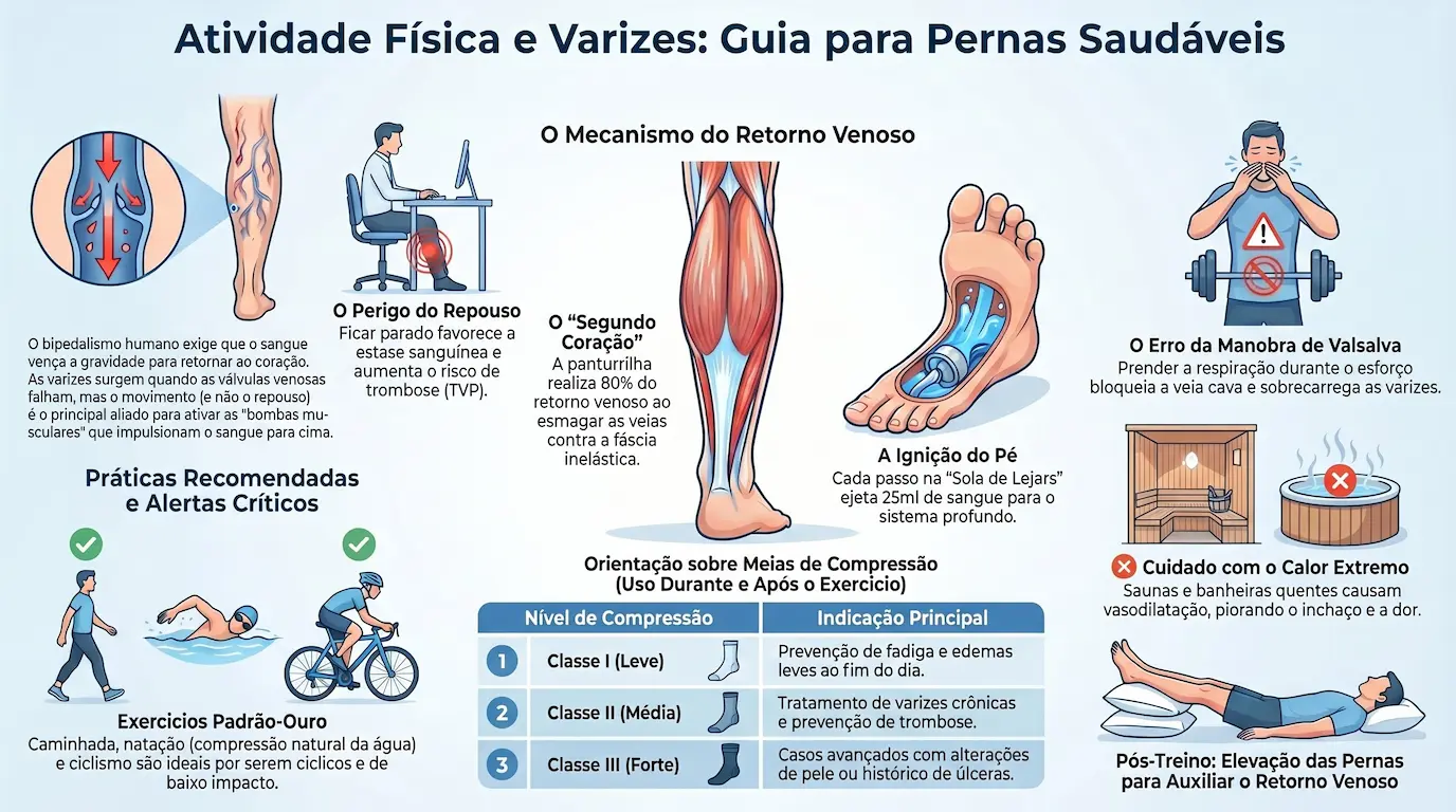 Infográfico: Atividade Física e Varizes — bomba da panturrilha 80% do retorno venoso, exercícios padrão-ouro (caminhada, natação, ciclismo), tabela de meias de compressão por classe, perigo do calor extremo e manobra de Valsalva, elevação pós-treino