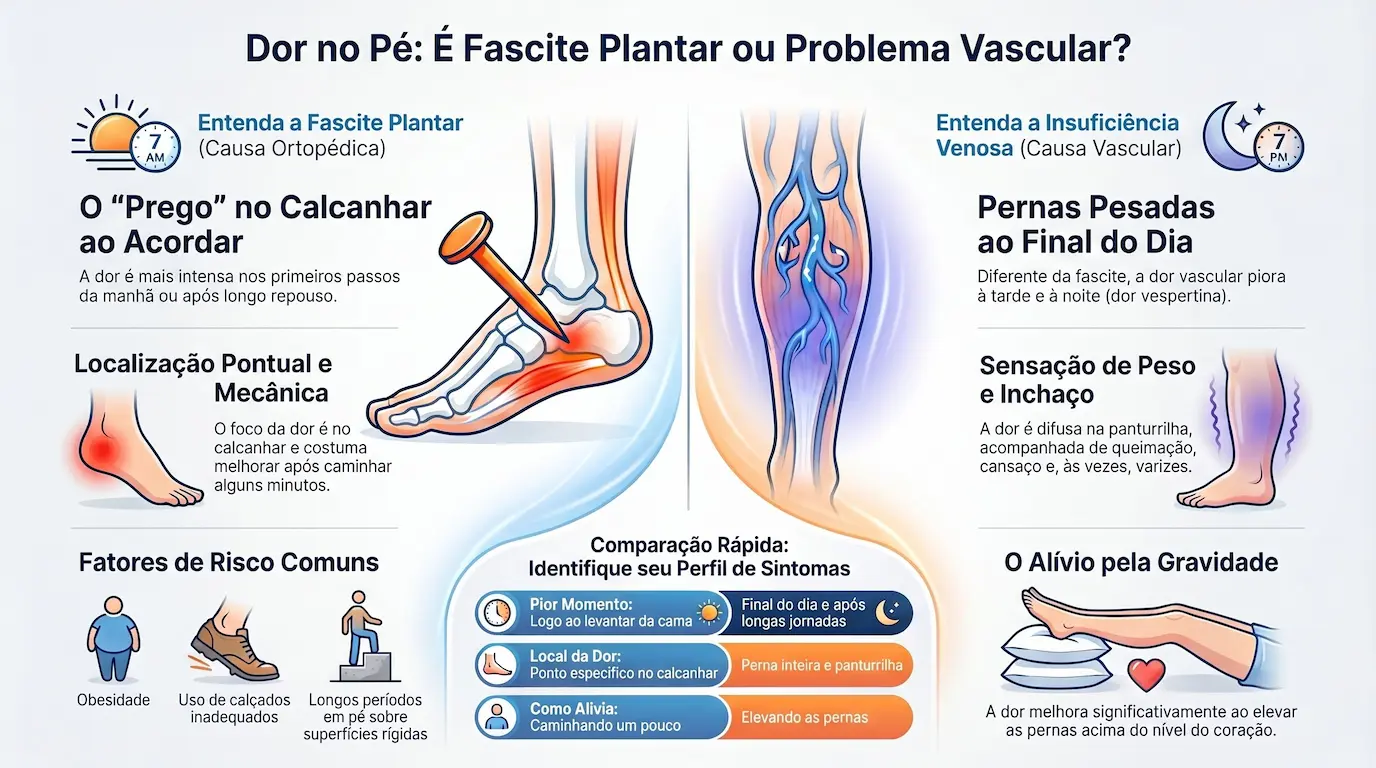 Infográfico comparativo: Fasceíte Plantar (dor matinal no calcanhar) vs Insuficiência Venosa (pernas pesadas ao final do dia)