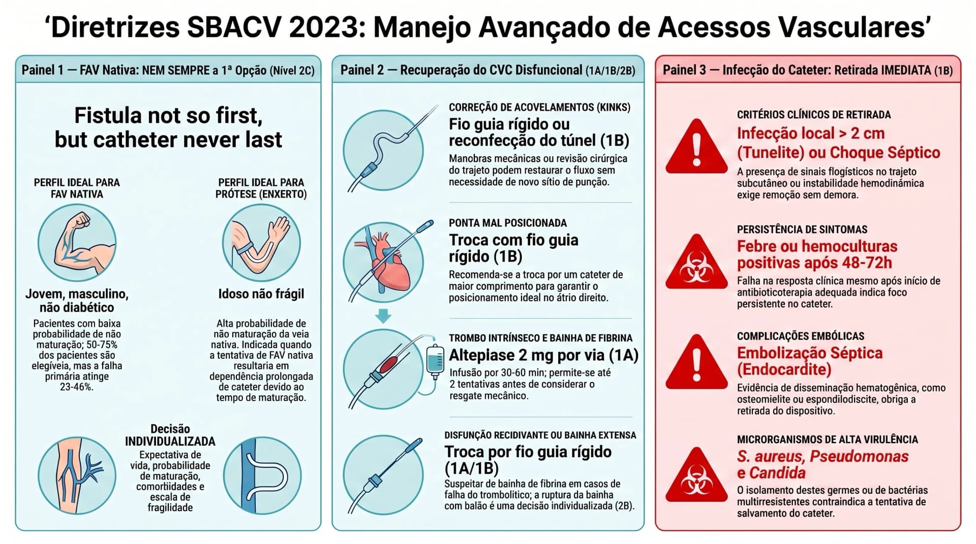 Infográfico SBACV 2023 — FAV Nativa vs Prótese, Recuperação de CVC e Infecção do Cateter