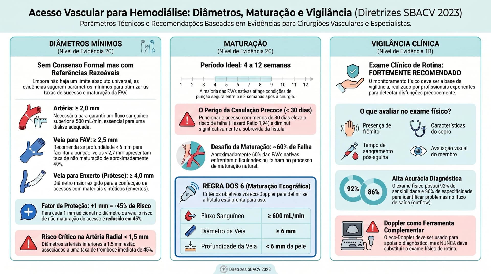 Infográfico SBACV 2023 — FAV: Diâmetros Mínimos, Maturação e Vigilância Clínica