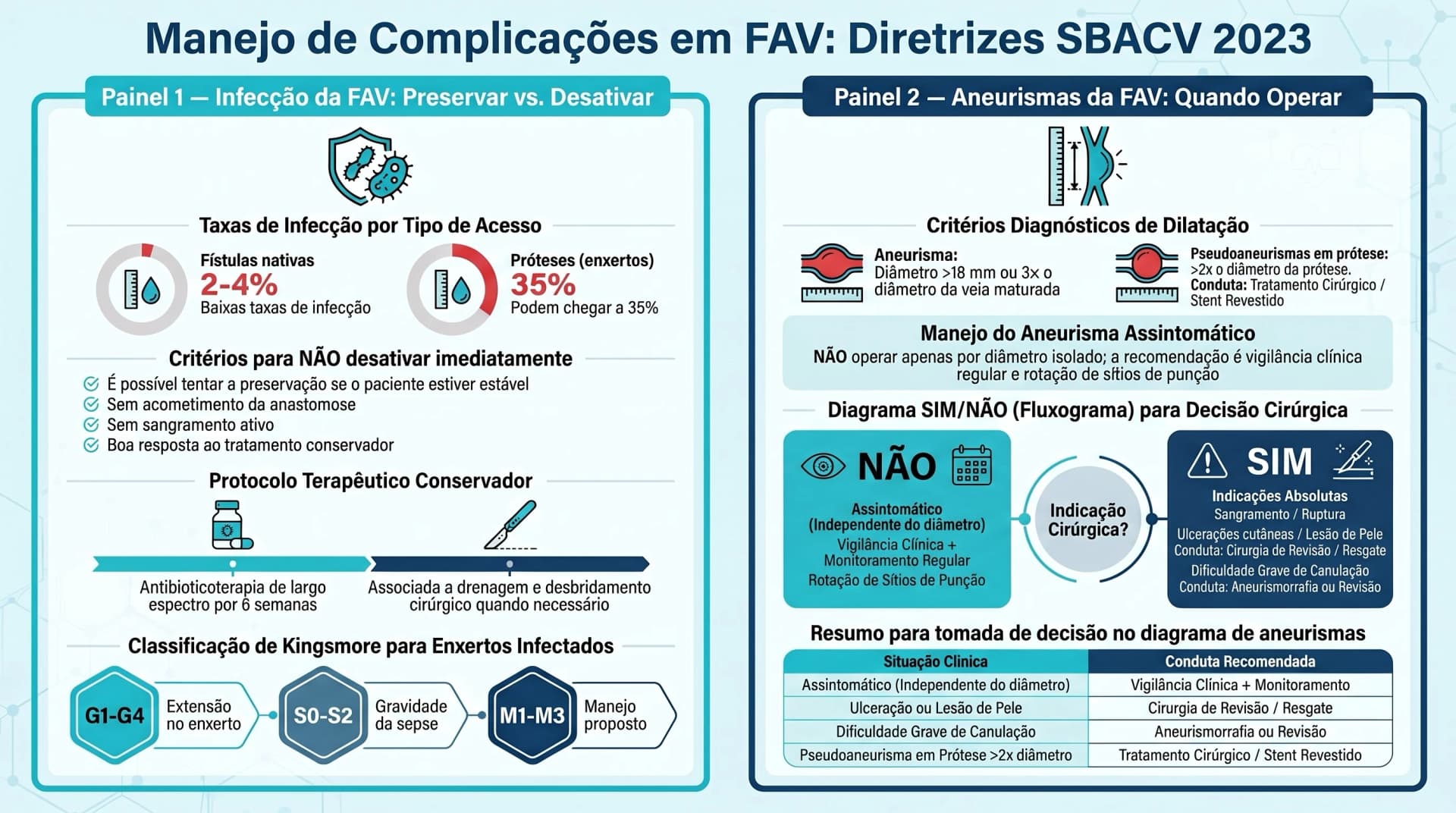 Infográfico SBACV 2023 — FAV: Infecção e Aneurismas — Preservação vs Desativação do Acesso