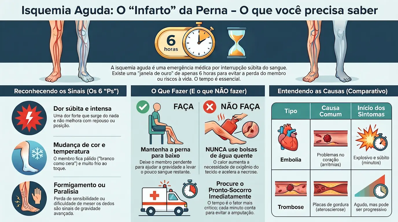Isquemia Aguda de Membro: infográfico com os 6 Ps (dor, palidez, ausência de pulso, formigamento, paralisia, frio), janela de 6 horas, o que fazer e não fazer, e comparativo embolia vs trombose