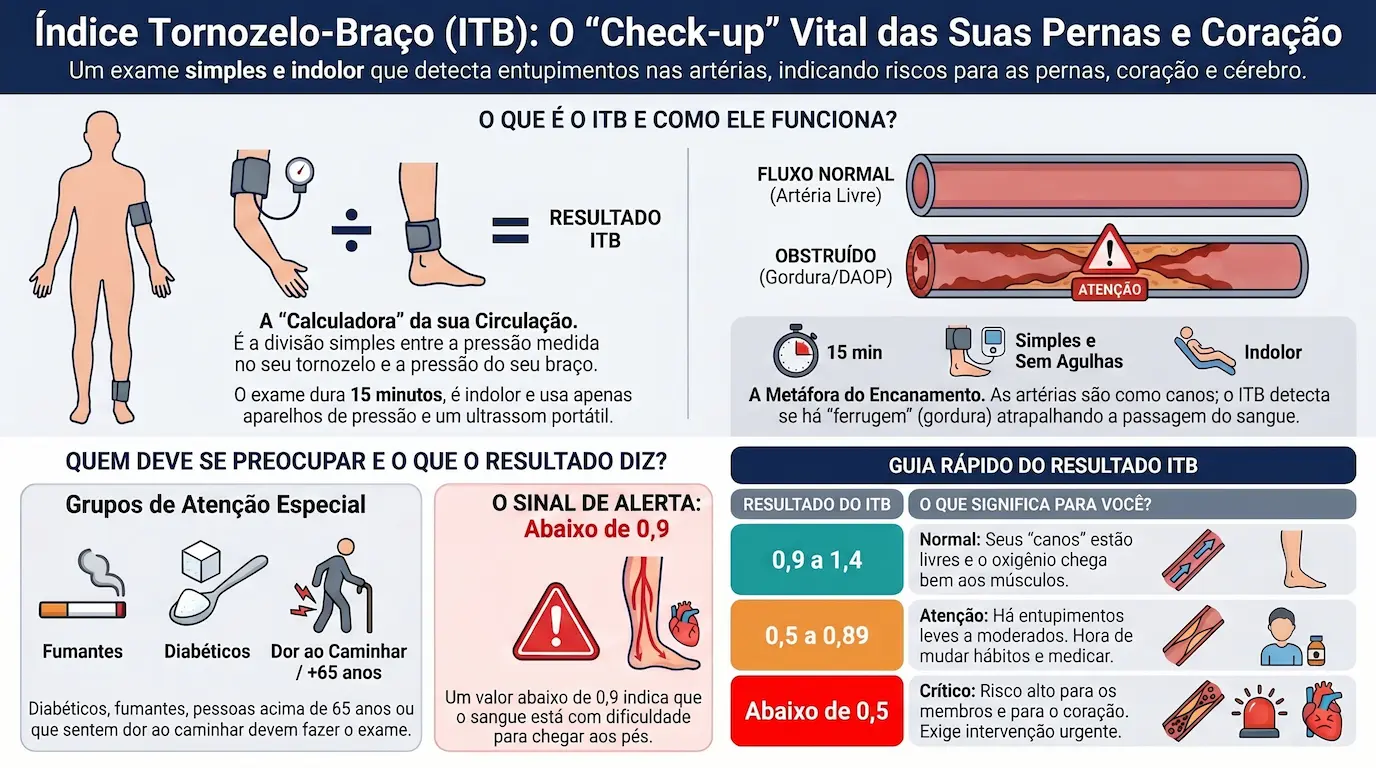 ITB Índice Tornozelo-Braquial: infográfico mostrando como calcular (pressão tornozelo ÷ pressão braço), grupos de risco e tabela de interpretação dos resultados