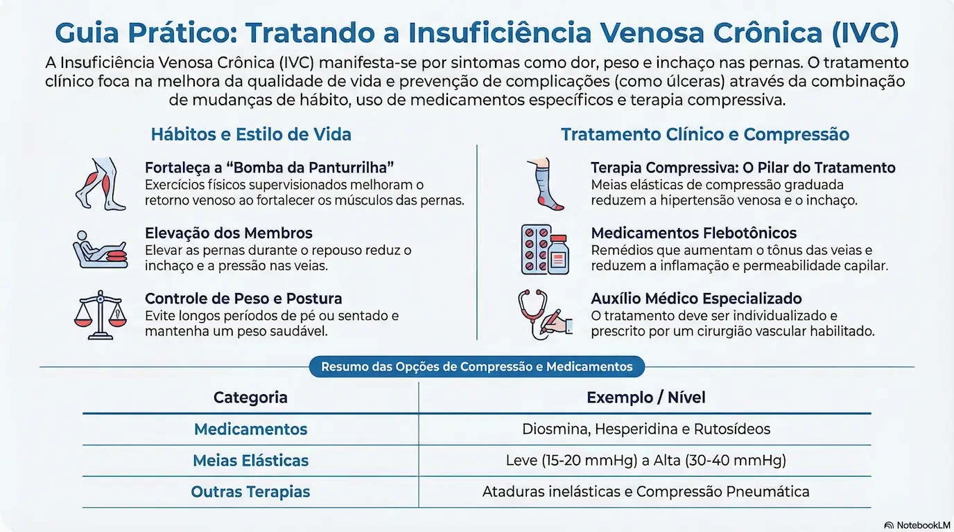 Infográfico: Guia Prático de Tratamento Conservador da Insuficiência Venosa Crônica — hábitos, medicamentos e compressão