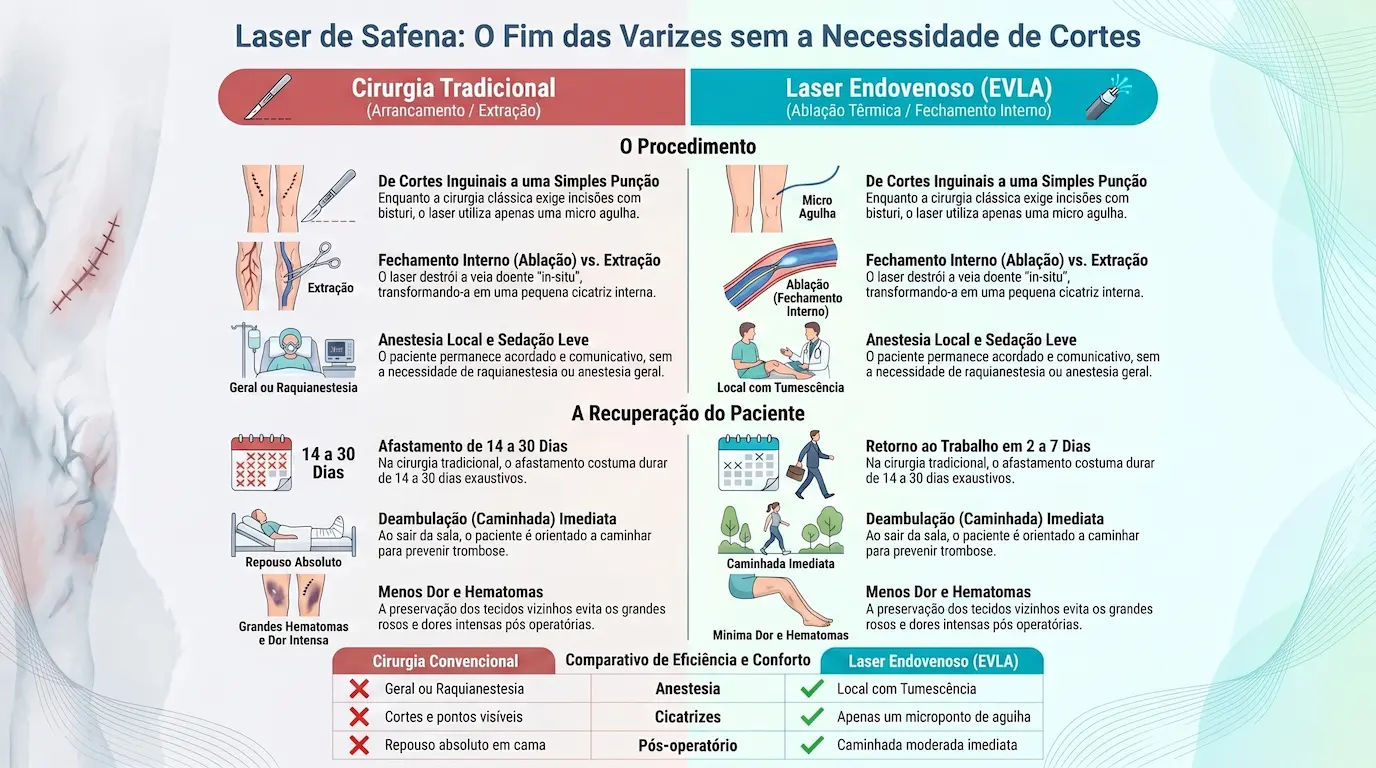 Infográfico: Laser de Safena vs. Cirurgia Tradicional — comparativo de procedimento, recuperação e eficiência