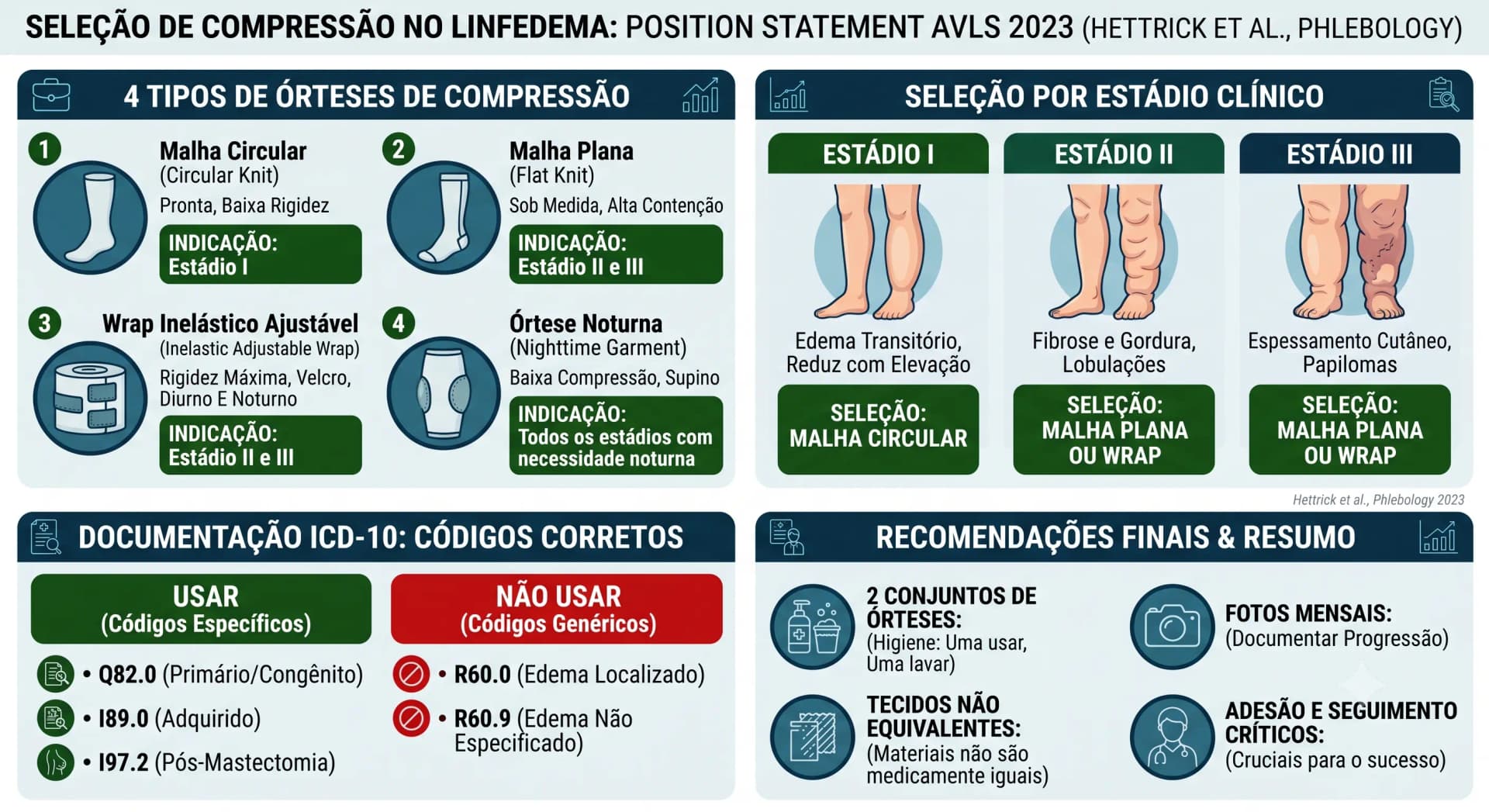 Infográfico AVLS 2023 — Seleção de Compressão para Linfedema: Malha Plana, Circular, Wraps e Bandagem