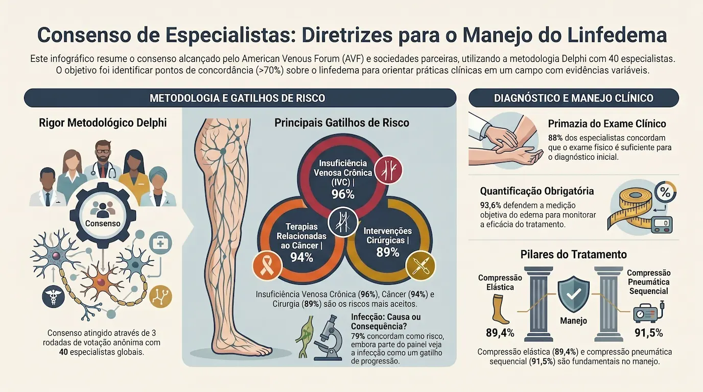 Infográfico — Consenso AVF/AVLS/SVM 2022: Metodologia Delphi, Fisiopatologia e Estadiamento ISL do Linfedema