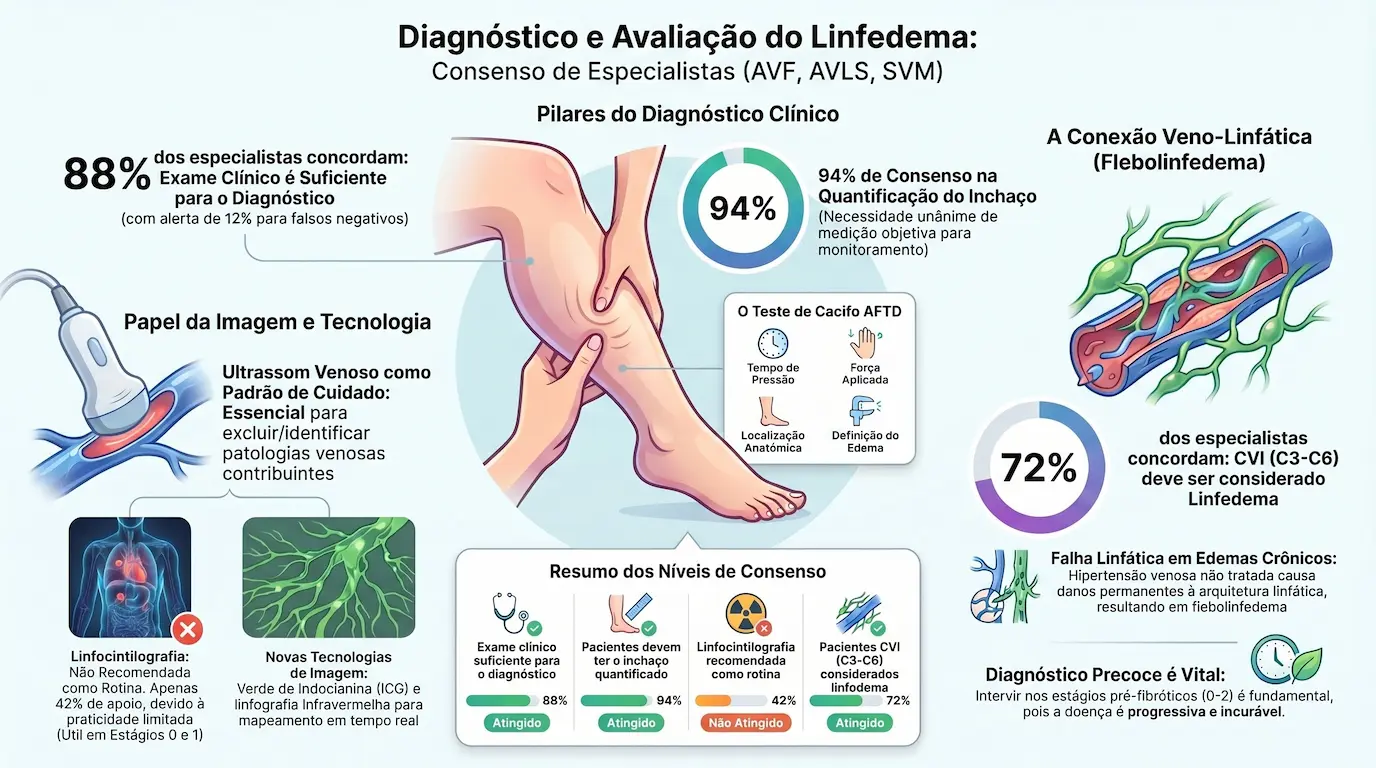 Infográfico — Fatores de Risco para Linfedema: IVC 96%, Oncológico 94%, Cirurgia 89%, Infecção 79% — Consenso AVF 2022