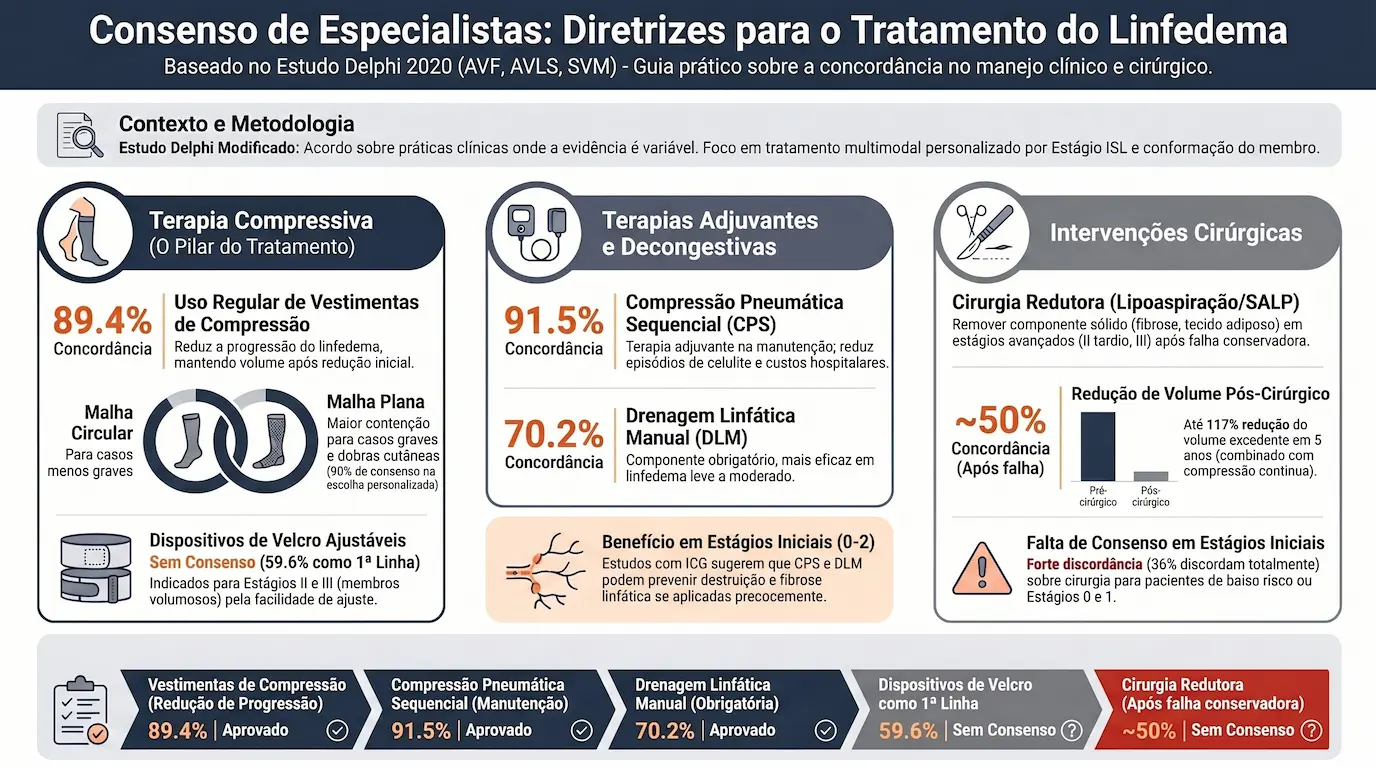 Infográfico — Diagnóstico do Linfedema: Exame Clínico 88%, Quantificação 94%, Linfocintilografia 42% (SEM consenso), IVC C3-C6 72%