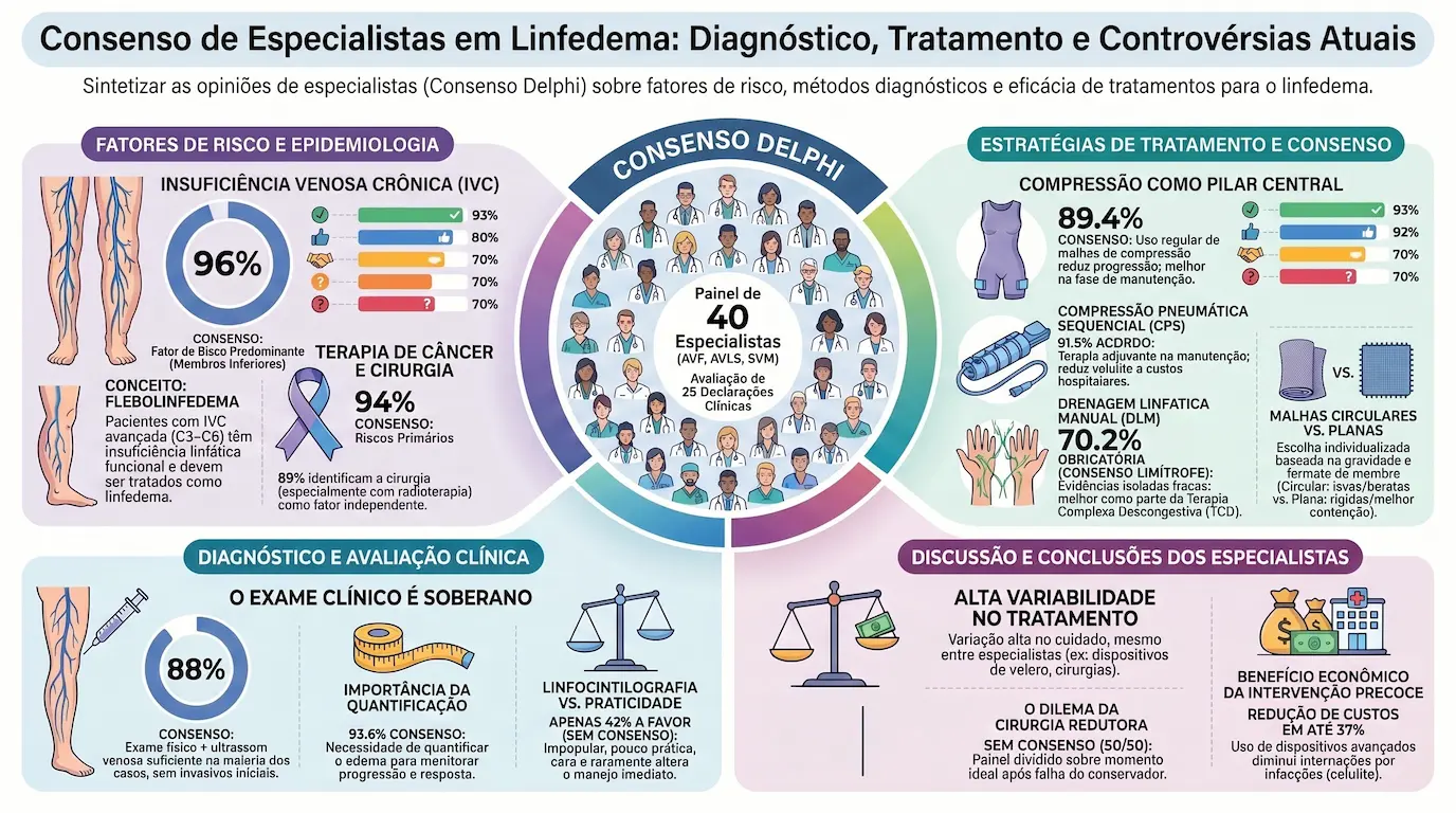 Infográfico — Tratamento do Linfedema por Compressão: Malha Circular vs Plana, Velcro, CPS — Consenso AVF 2022