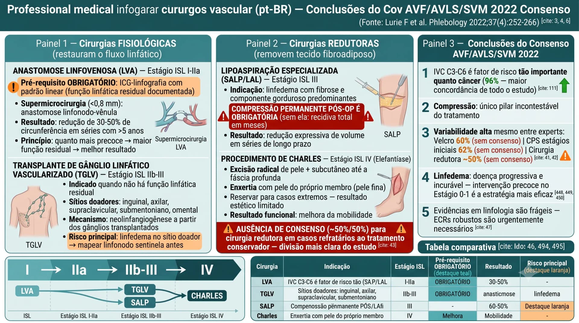 Infográfico — Cirurgia do Linfedema: LVA, TGLV, SALP e Procedimento de Charles — Consenso AVF 2022