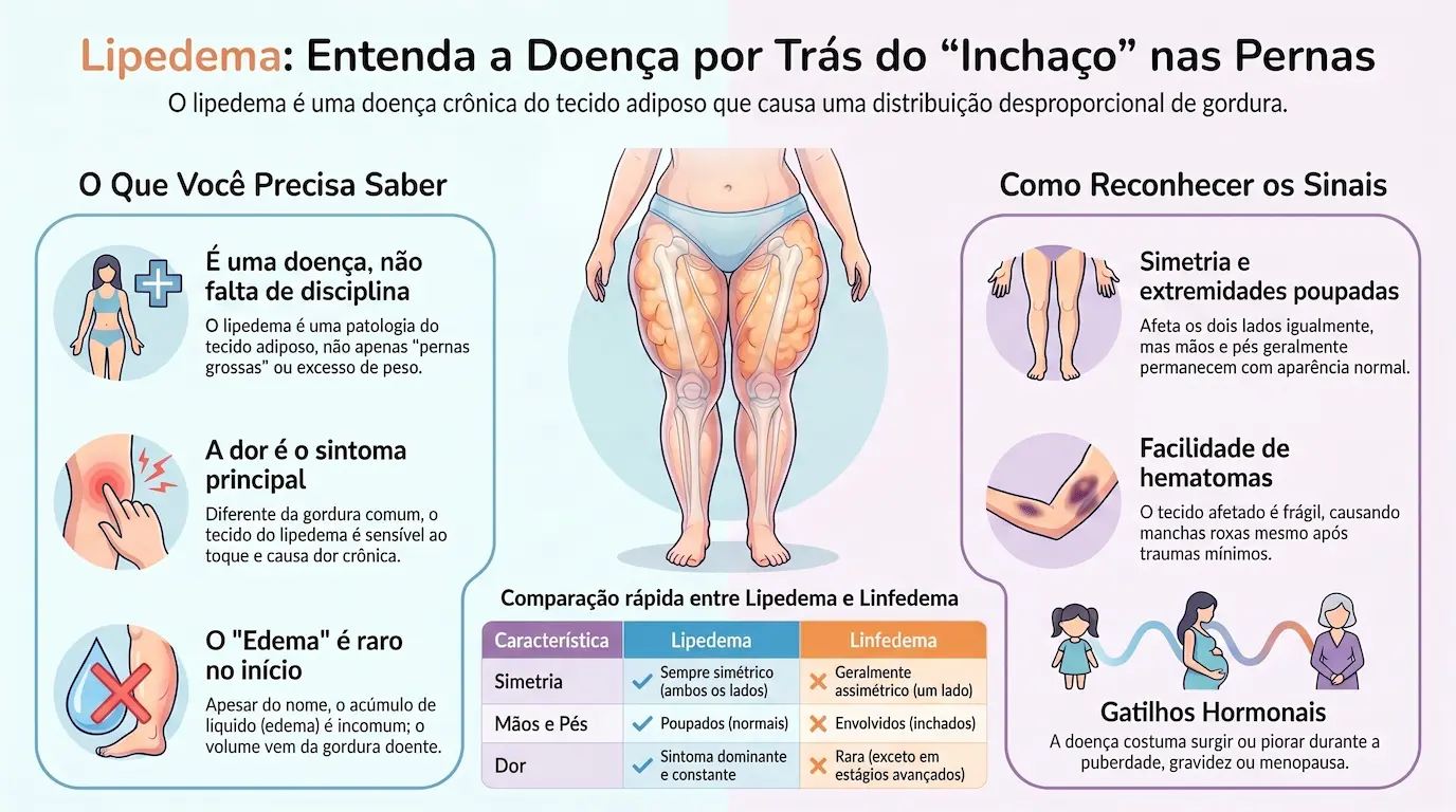 Infográfico: Lipedema - entenda a doença por trás do inchaço nas pernas. É uma doença, não falta de disciplina; a dor é o sintoma principal; o edema é raro no início. Como reconhecer os sinais: simetria e extremidades poupadas, facilidade de hematomas, gatilhos hormonais na puberdade, gravidez e menopausa. Tabela comparativa Lipedema vs Linfedema.