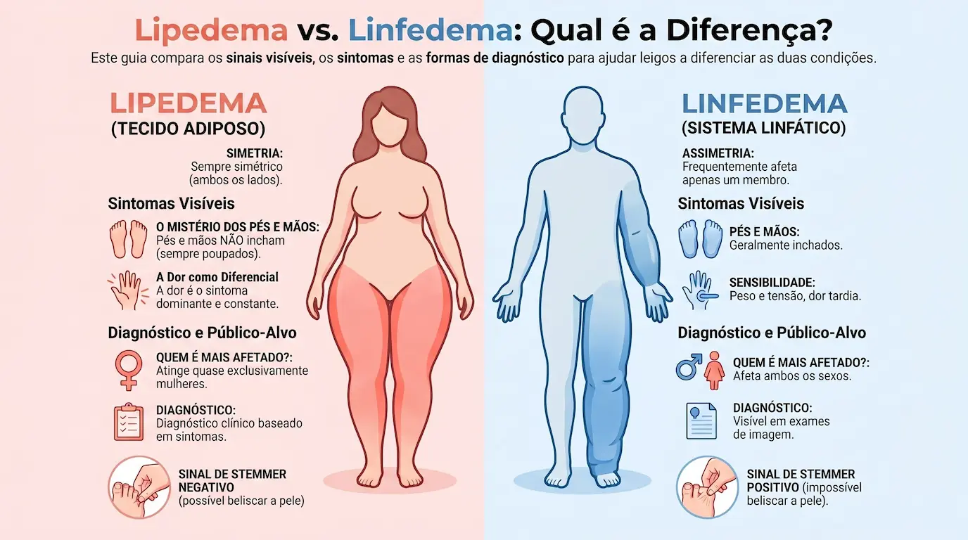 Infográfico: Lipedema vs. Linfedema - Qual é a Diferença? Comparação de simetria, sintomas visíveis (pés e mãos poupados vs inchados, dor como diferencial), público-alvo, diagnóstico e sinal de Stemmer negativo (lipedema) vs positivo (linfedema)