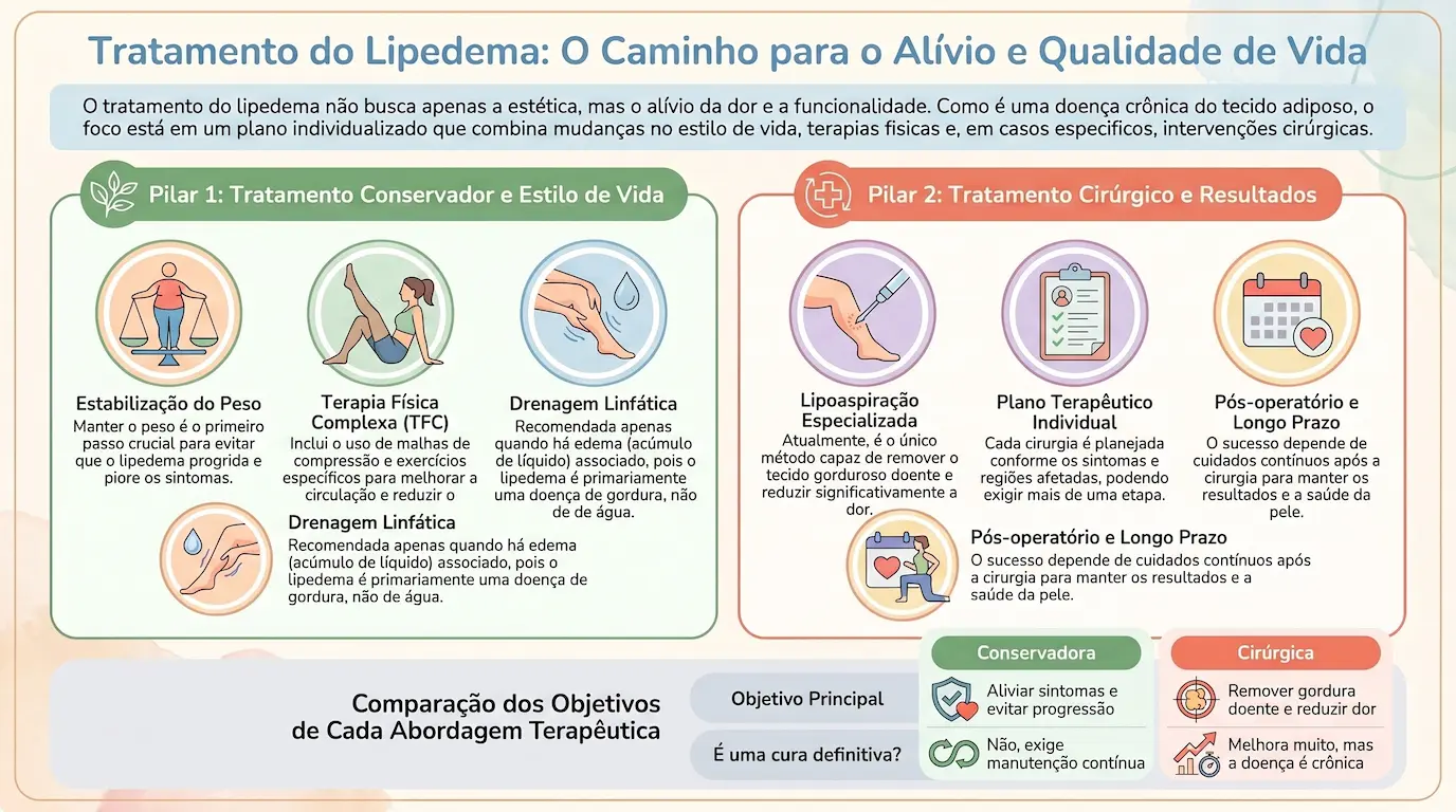Infográfico: Tratamento do Lipedema - O Caminho para o Alívio e Qualidade de Vida. Pilar 1, Tratamento Conservador e Estilo de Vida: estabilização do peso, terapia física complexa, drenagem linfática. Pilar 2, Tratamento Cirúrgico e Resultados: lipoaspiração especializada, plano terapêutico individual, pós-operatório e longo prazo. Comparação dos objetivos: conservadora alivia sintomas e evita progressão, cirúrgica remove gordura doente e reduz a dor.