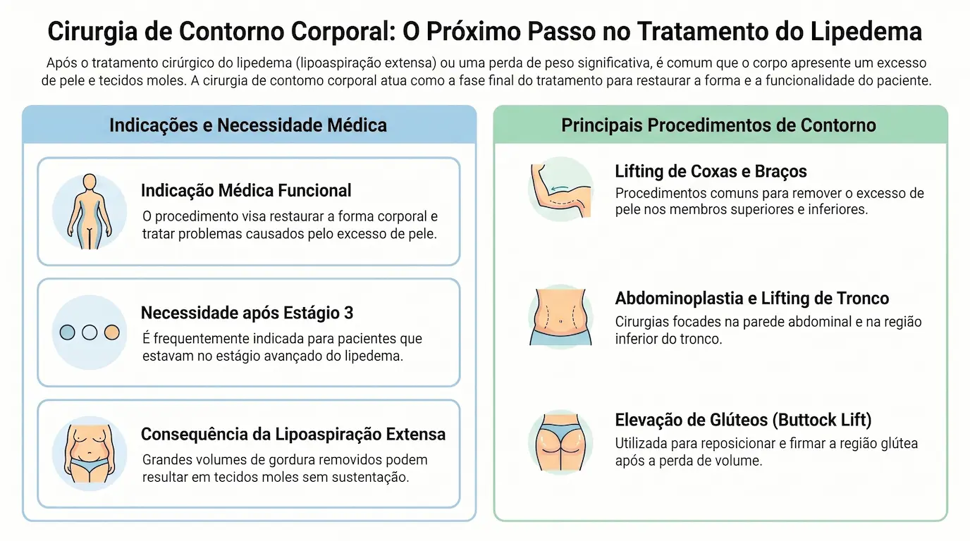 Infográfico: Cirurgia de Contorno Corporal - O Próximo Passo no Tratamento do Lipedema. Indicações e necessidade médica: indicação médica funcional, necessidade após estágio 3, consequência da lipoaspiração extensa. Principais procedimentos de contorno: lifting de coxas e braços, abdominoplastia e lifting de tronco, elevação de glúteos.