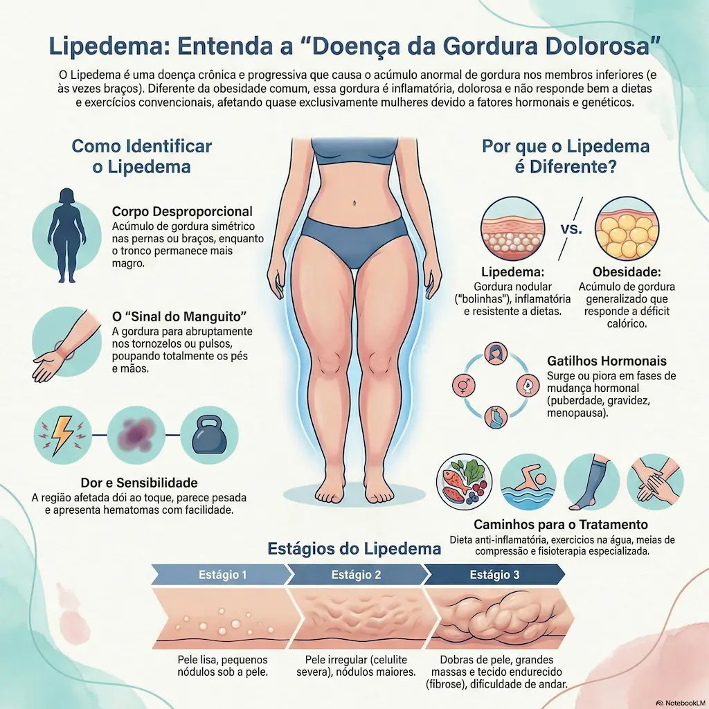 Infográfico: Lipedema - como identificar, diferenças da obesidade, gatilhos hormonais e estágios