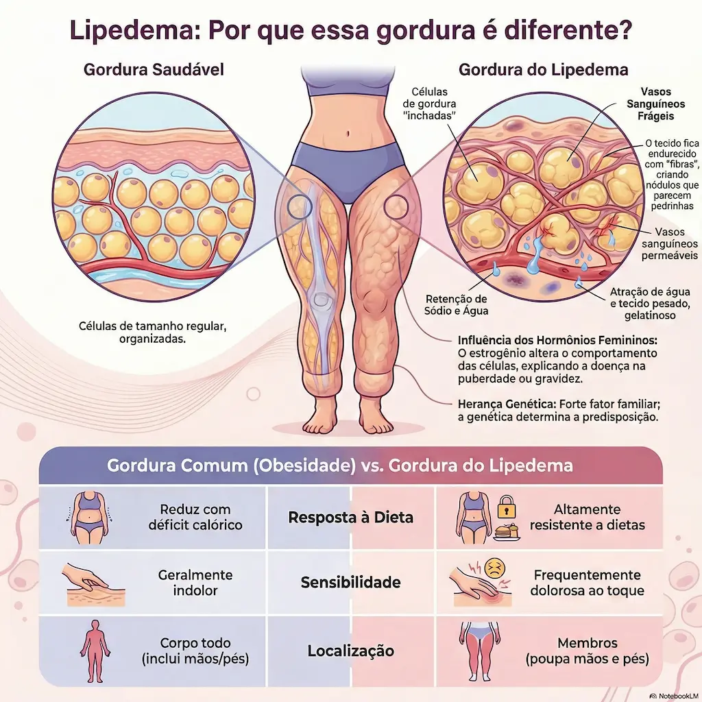 Infográfico: Gordura saudável vs gordura do lipedema - diferenças celulares e comparativo com obesidade