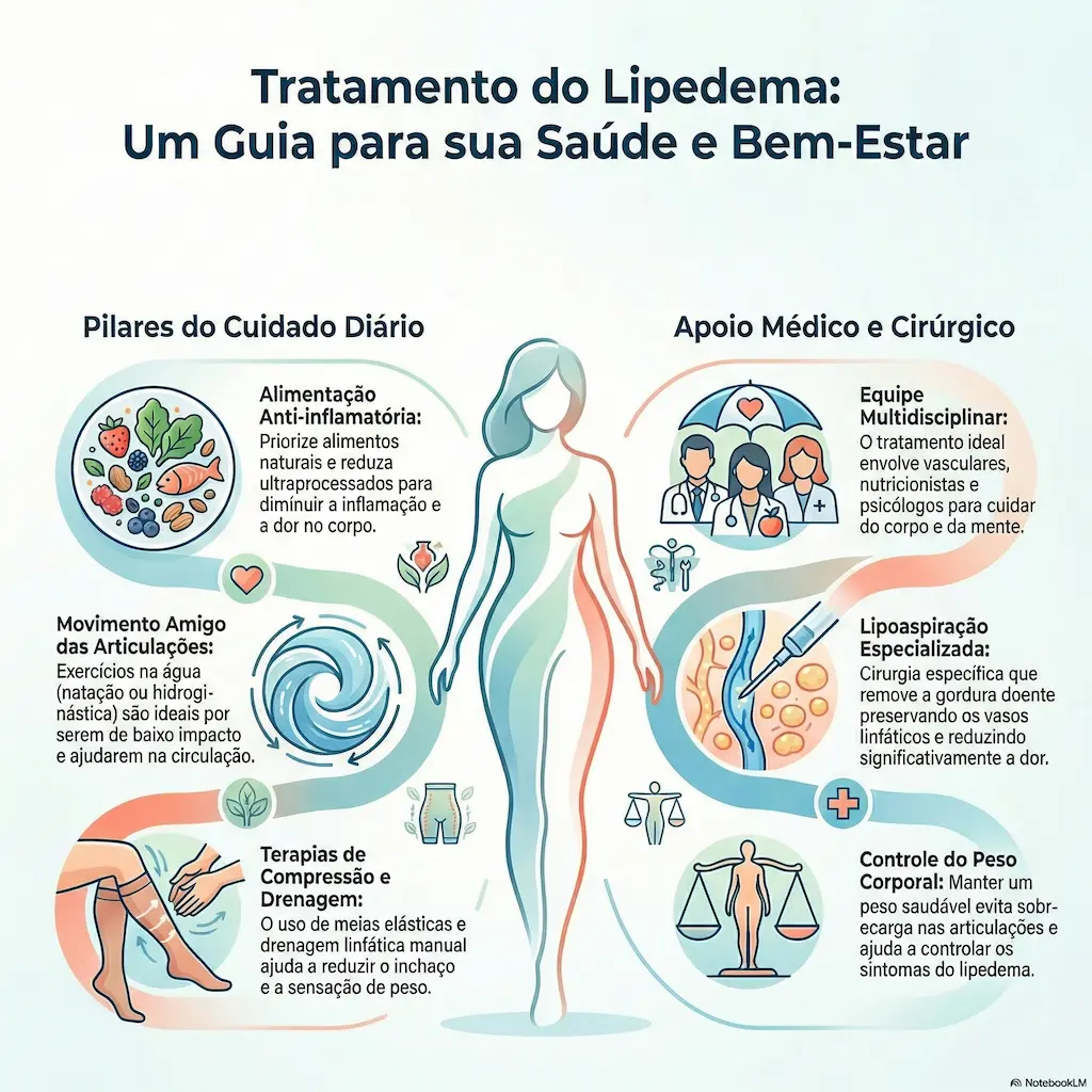 Infográfico: Tratamento do Lipedema - pilares do cuidado diário e apoio médico e cirúrgico