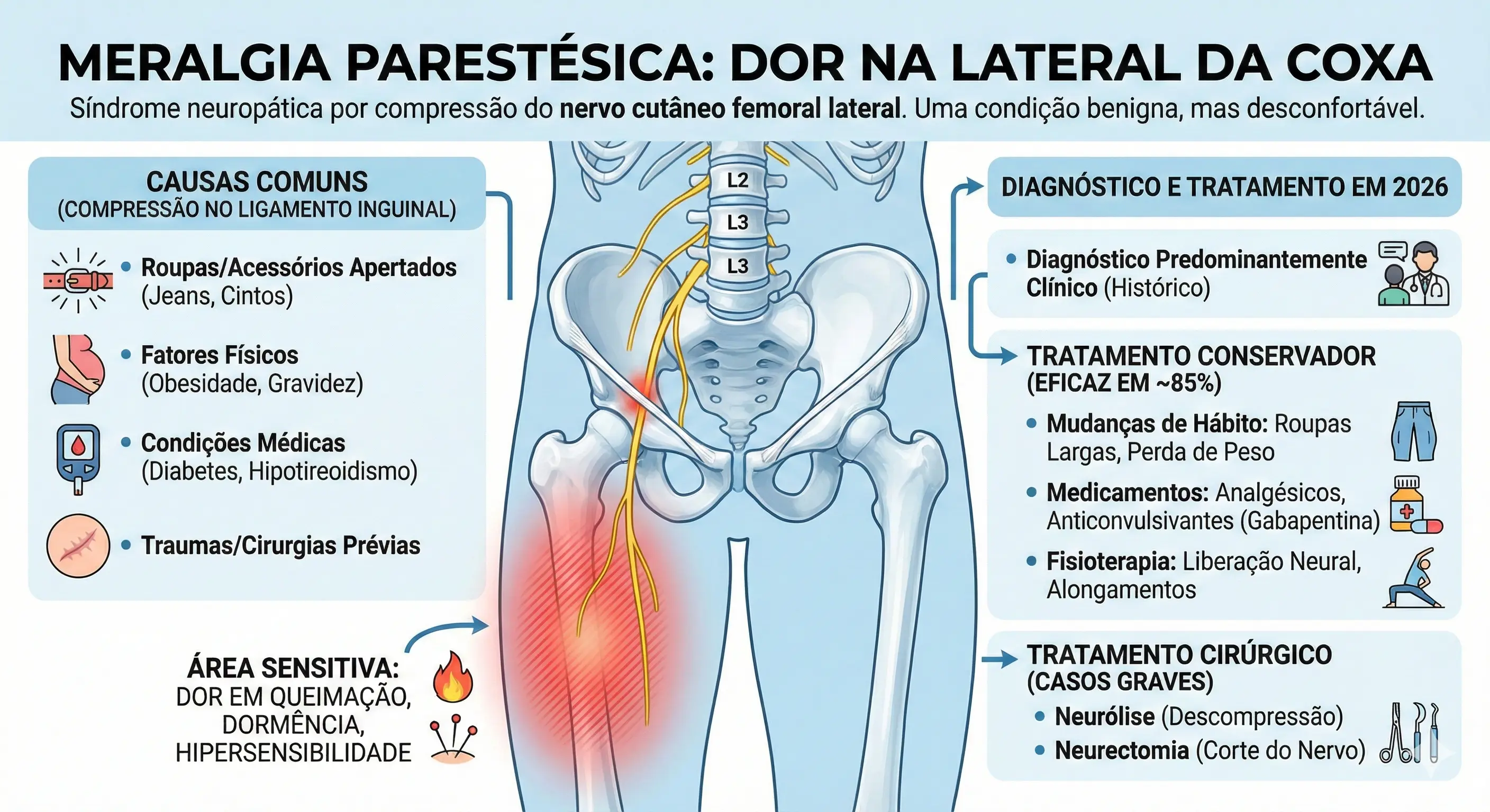 Meralgia Parestésica: área de dor e formigamento na lateral da coxa por compressão do nervo cutâneo femoral lateral