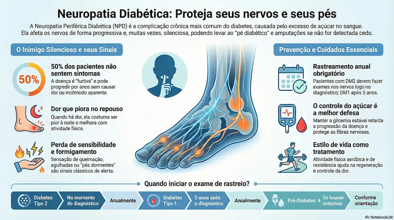 Infográfico sobre Neuropatia Diabética: sinais silenciosos, prevenção, rastreamento e cuidados essenciais