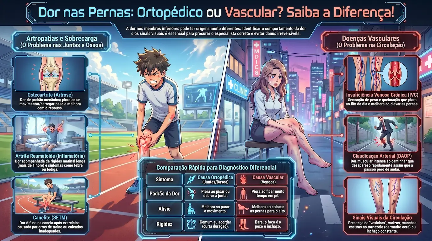 Infográfico comparativo: Artropatias e Tendinopatias (ortopédico) vs Insuficiência Venosa e DAOP (vascular) — tabela de diagnóstico diferencial