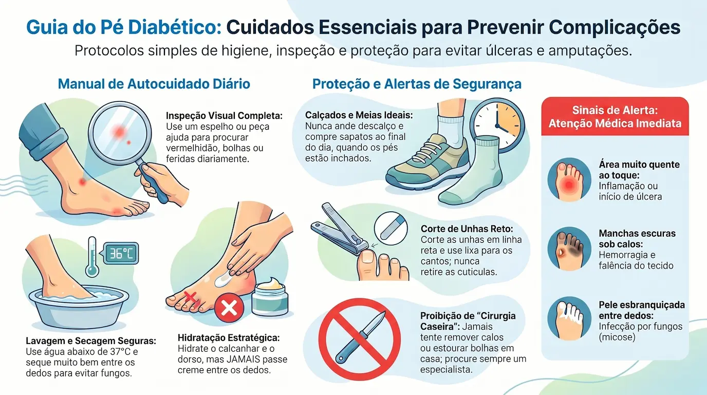 Infográfico 'Guia do Pé Diabético: Cuidados Essenciais para Prevenir Complicações' — manual de autocuidado diário (inspeção visual com espelho, lavagem e secagem entre os dedos com água abaixo de 37°C, hidratação do calcanhar e dorso sem passar creme entre os dedos), proteção e alertas de segurança (calçados e meias ideais, corte de unhas reto, proibição da 'cirurgia caseira' de calos) e sinais que exigem atenção médica imediata (área quente ao toque, manchas escuras sob calos, pele esbranquiçada entre os dedos)