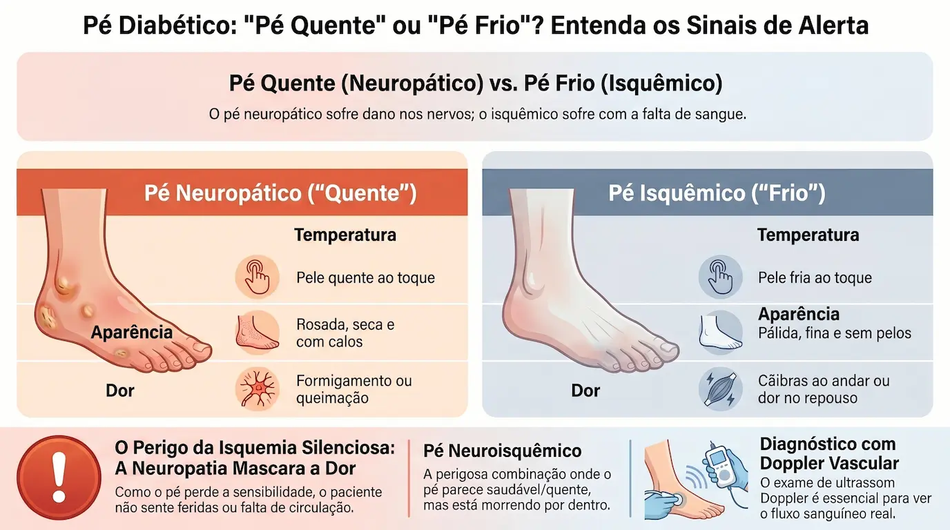 Pé Diabético: comparação entre Pé Neuropático (Quente) com pele rosada, seca e calos, e Pé Isquêmico (Frio) com pele pálida, fina e sem pelos — infográfico com sinais de alerta e diagnóstico com Doppler Vascular