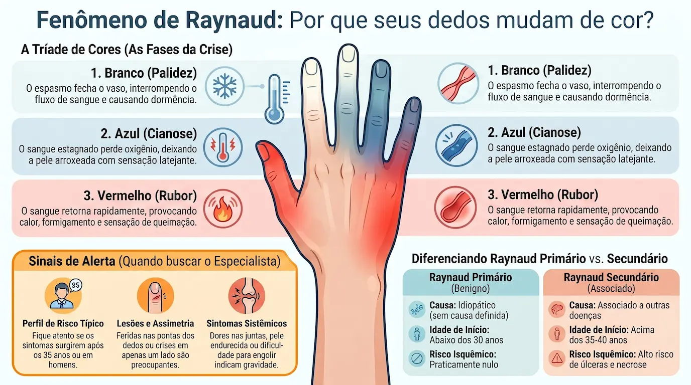 Infográfico: Fenômeno de Raynaud — tríade de cores (branco, azul, vermelho), fases da crise, diferença entre Raynaud primário e secundário, sinais de alerta para esclerodermia e lúpus