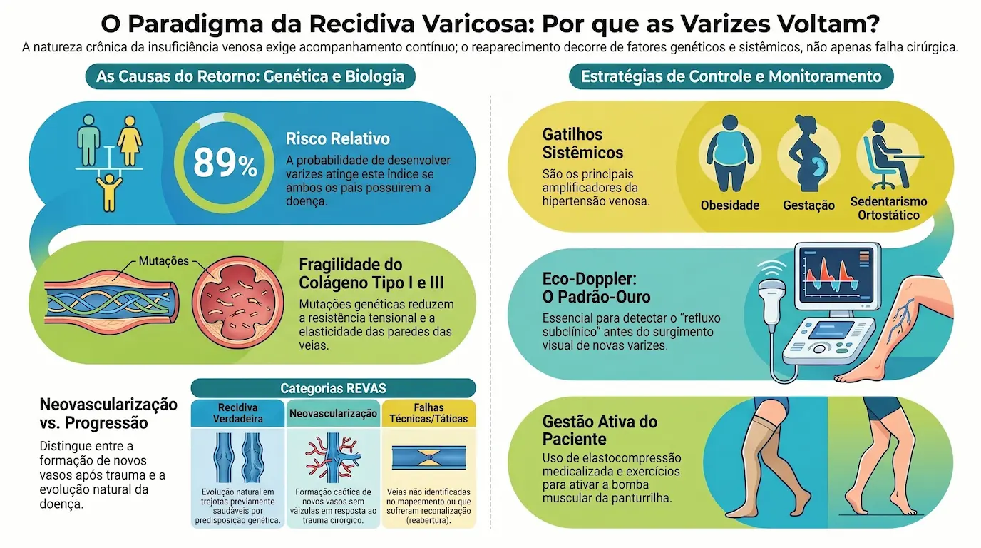 Infográfico: O Paradigma da Recidiva Varicosa — causas genéticas, Consenso REVAS, gatilhos sistêmicos e estratégias de controle