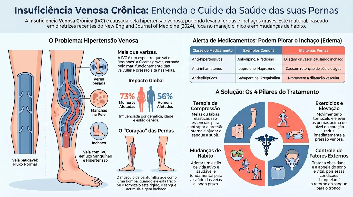 Infográfico: Insuficiência Venosa Crônica — mecanismo da hipertensão venosa, impacto em 73% das mulheres e 56% dos homens, tabela de medicamentos que causam inchaço e os 4 pilares do tratamento não cirúrgico