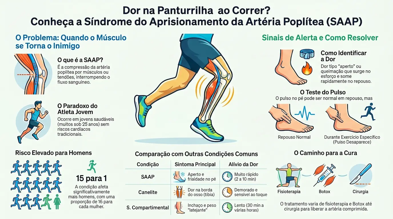 Infográfico: Síndrome do Aprisionamento da Artéria Poplítea (SAAP) — mecanismo de compressão no joelho, risco 15 vezes maior em homens, teste do pulso que some e tabela comparativa com canelite e síndrome compartimental