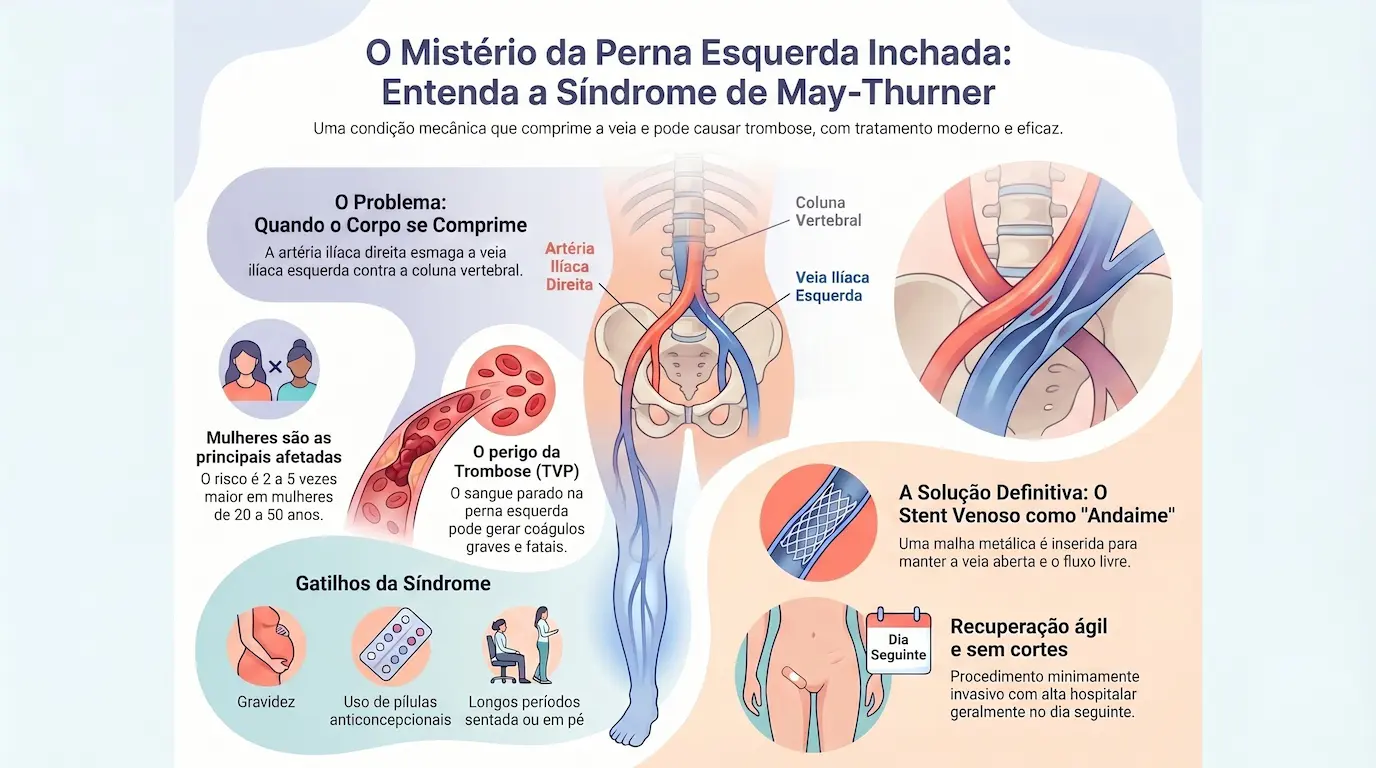 Infográfico: Síndrome de May-Thurner — a artéria ilíaca direita comprime a veia ilíaca esquerda contra a coluna vertebral, risco de trombose 2 a 5 vezes maior em mulheres de 20 a 50 anos, gatilhos (gravidez, anticoncepcionais, sedentarismo) e tratamento com stent venoso