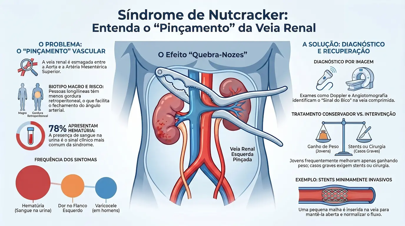 Infográfico: Síndrome de Nutcracker — a veia renal esquerda é esmagada entre a aorta e a artéria mesentérica superior, biótipo magro como fator de risco, hematúria em 78% dos casos e tratamento do conservador aos stents