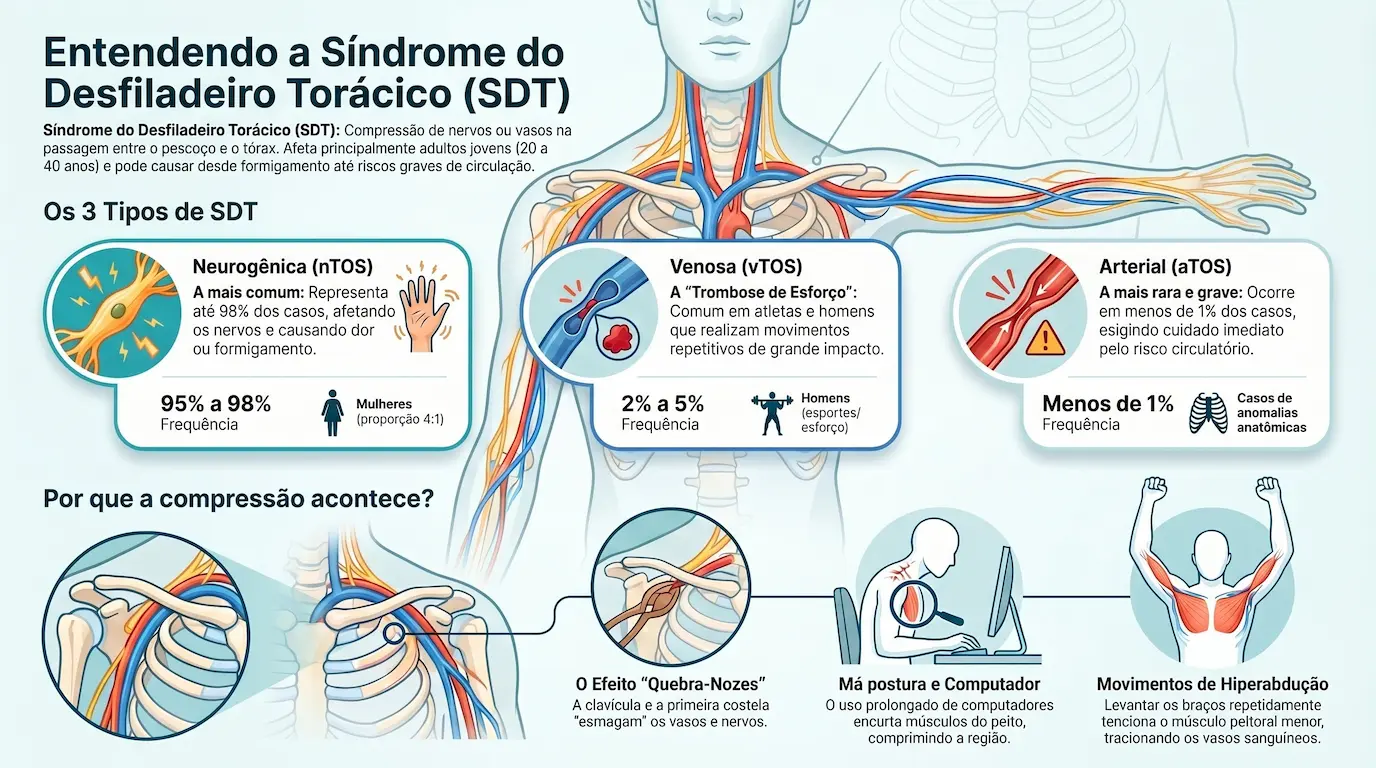 Infográfico: Síndrome do Desfiladeiro Torácico (SDT) — os três tipos (neurogênica 95-98%, venosa 2-5%, arterial menos de 1%), os três pontos de aperto anatômico e os fatores que causam a compressão, como má postura e movimentos de hiperabdução