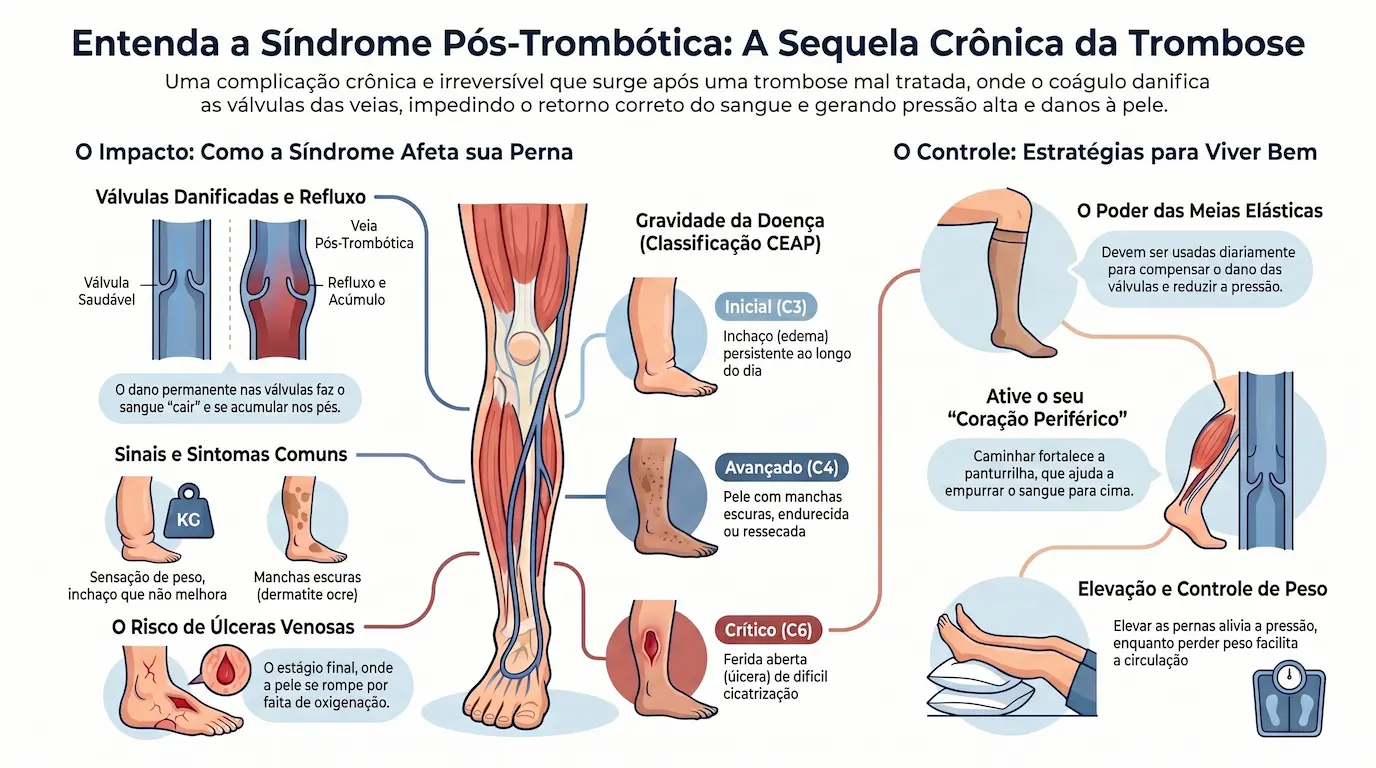 Infográfico: Síndrome Pós-Trombótica — válvulas destruídas, refluxo venoso, classificação CEAP C3 a C6, meias elásticas e bomba muscular da panturrilha