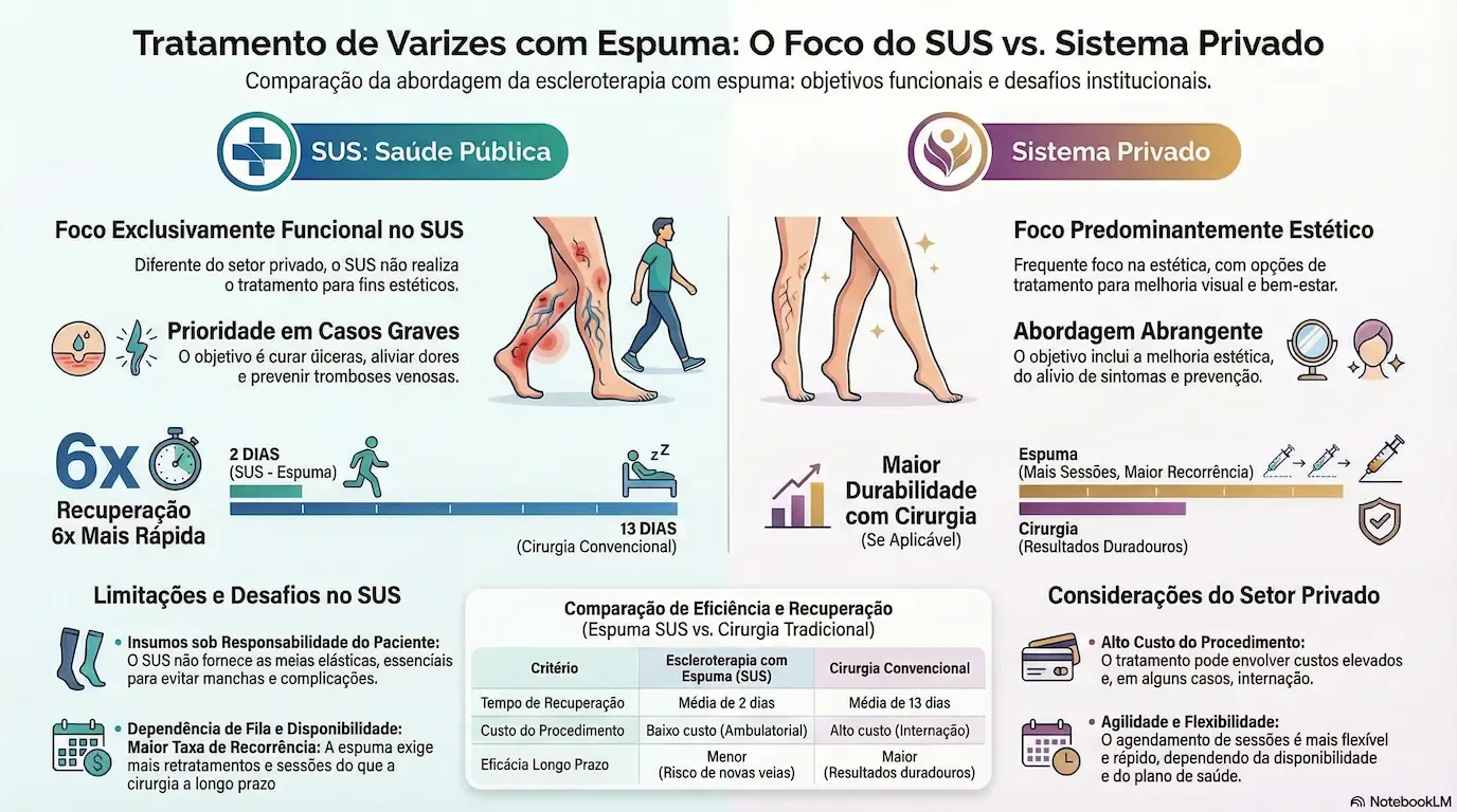 Infográfico: Tratamento de Varizes com Espuma no SUS vs. Sistema Privado — comparação de objetivos, eficácia e limitações