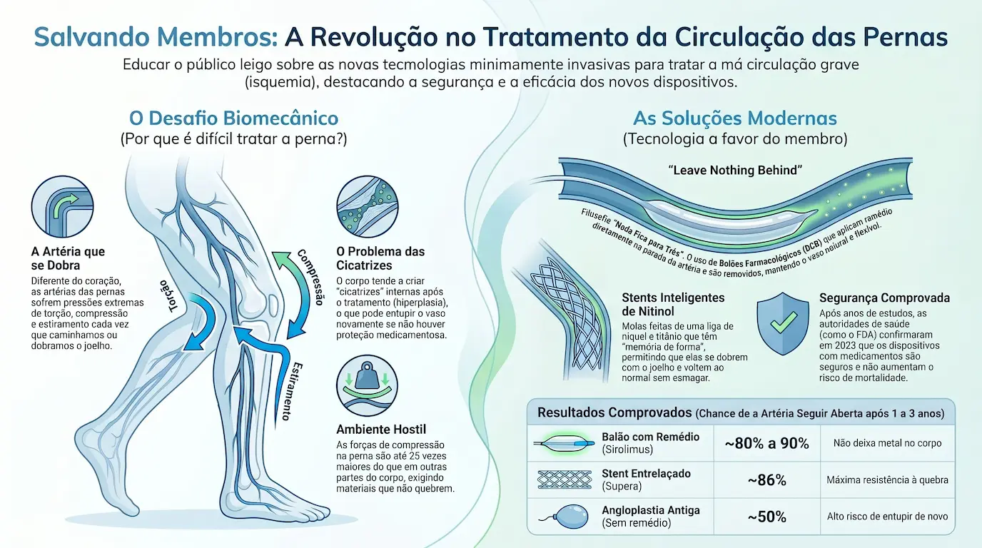 Infográfico: Salvando Membros — desafio biomecânico da artéria na perna (torção, compressão, estiramento), stents inteligentes de Nitinol, balões farmacológicos e tabela de resultados comprovados após 1 a 3 anos