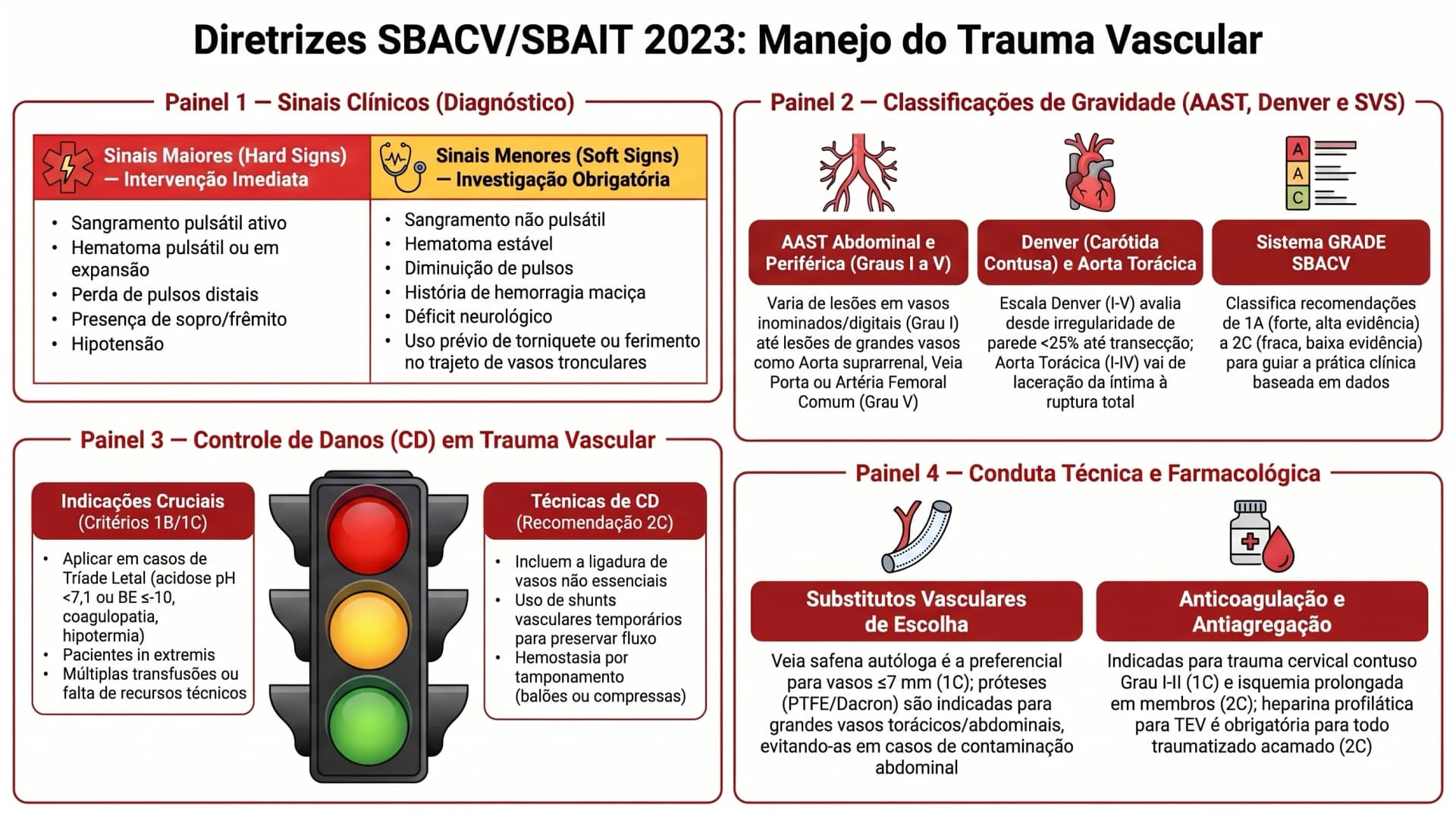 Infográfico SBACV/SBAIT 2023 — Trauma Vascular: Classificações AAST/Denver, Hard/Soft Signs e Controle de Danos