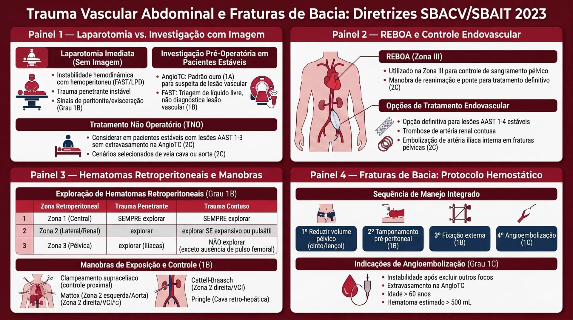 Infográfico SBACV/SBAIT 2023 — Trauma Vascular Abdominal: REBOA, Hematomas Retroperitoneais e Protocolo Pélvico